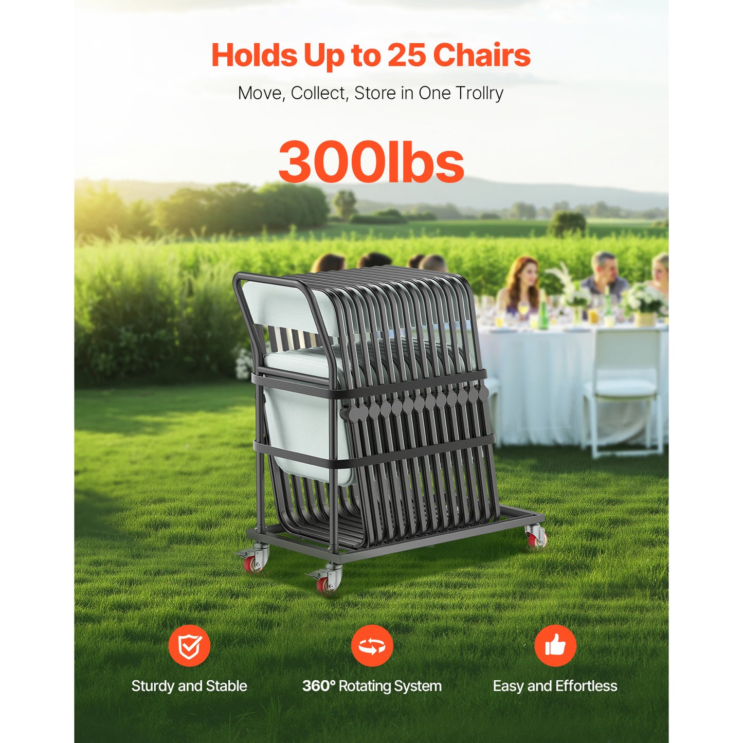 Folding Chair Rack, 300 LBS Capacity, L-shape Vertical Placement Chair Cart for 25 Chairs, Heavy-duty Metal Chair Storage Dolly with Rubber Wheels, Multi-Function Chair Holder, Matte Black