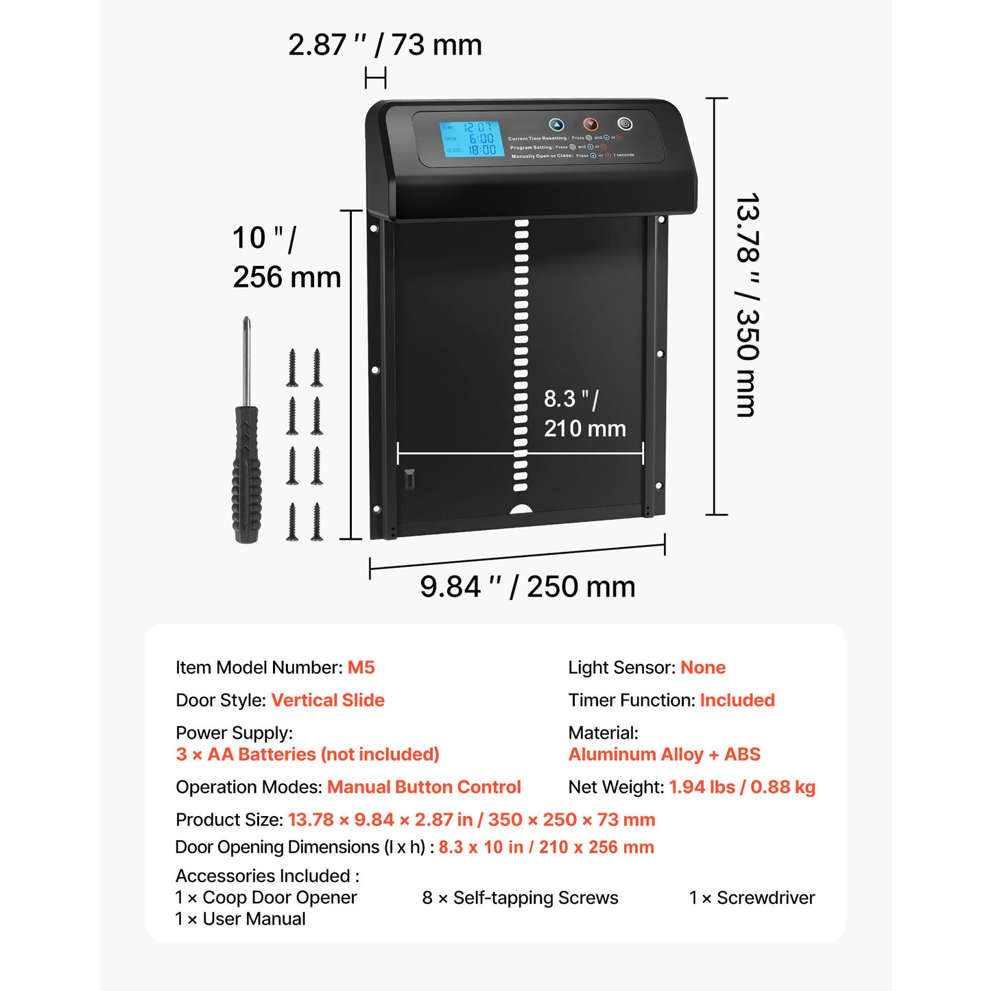 Automatic Chicken Coop Door Battery Powered with Timer Manual Setting, Anti-Pinch Aluminum Black