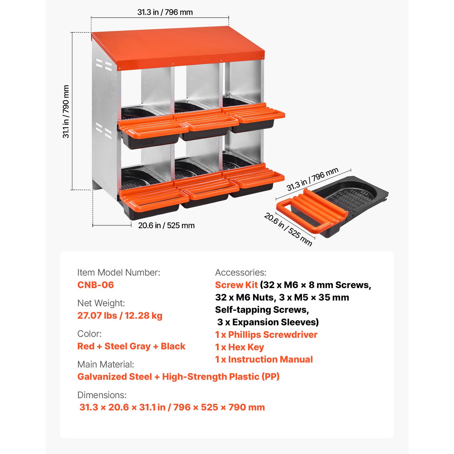 6-Compartment Chicken Nesting Box Metal Nest Box with Inclined Trays and Resting Platform 31.3 in.