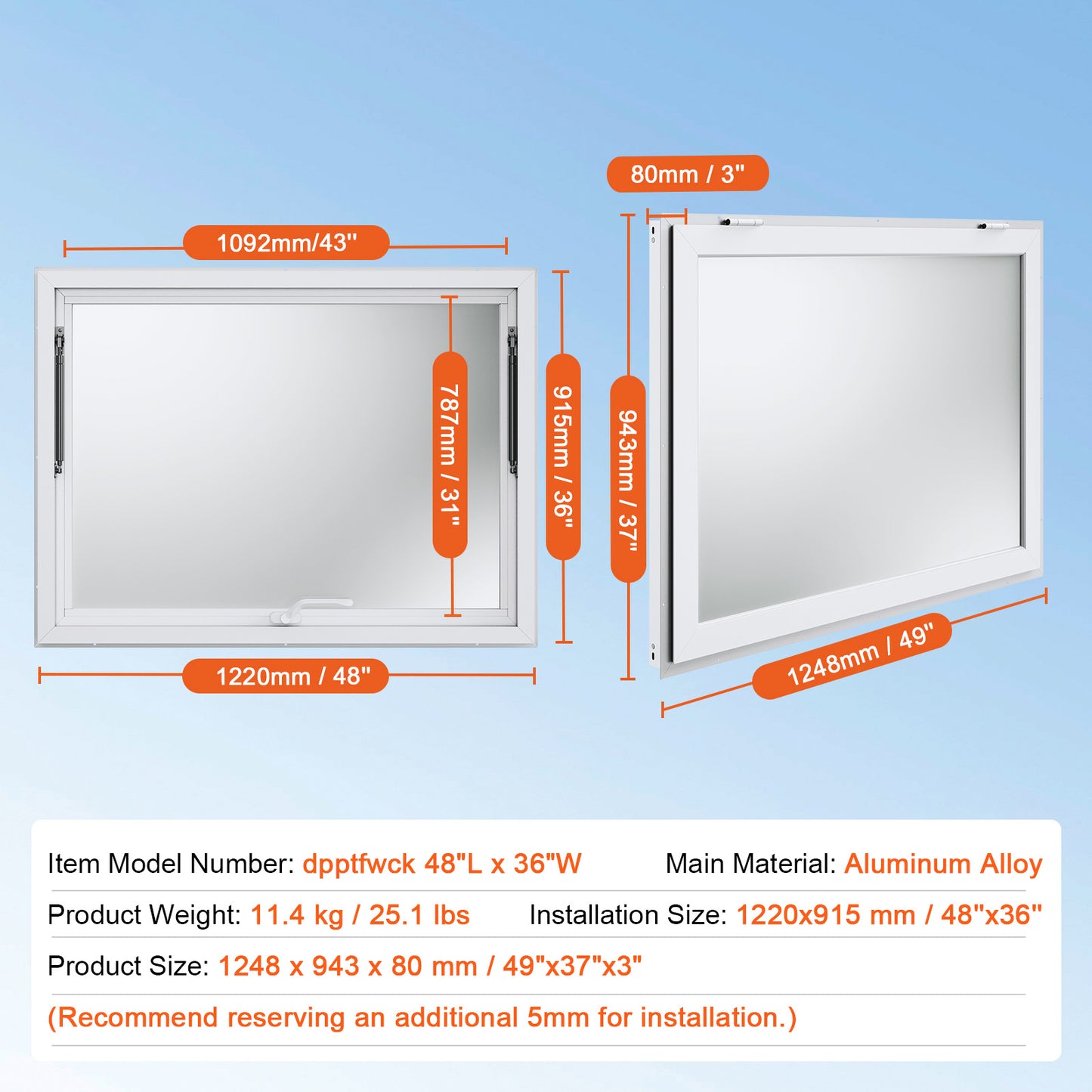 48 x 36 in. Concession Window for Food Truck, Aluminum Service Window with Awning Door 85 Degree for Trailers