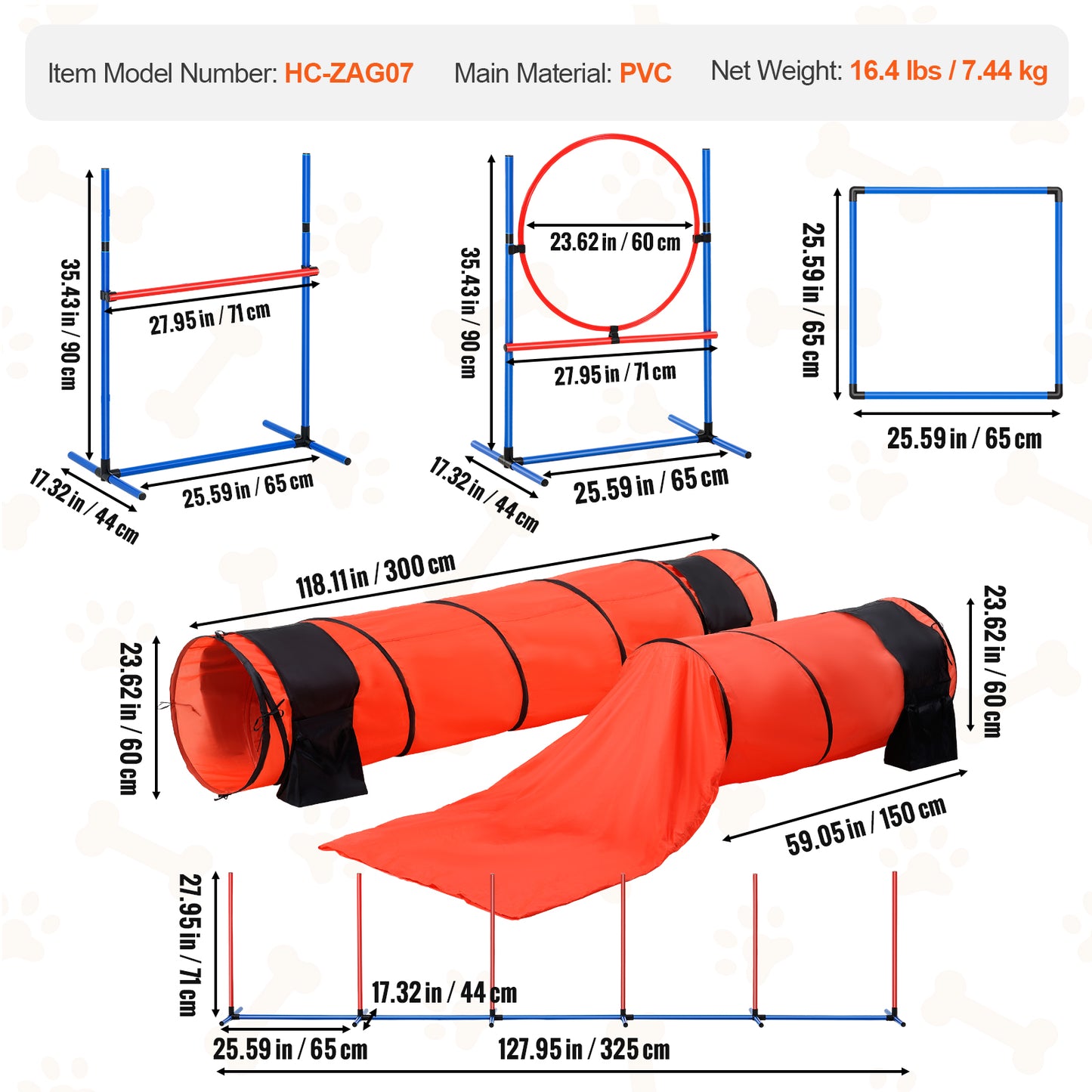 Dog Agility Training Equipment 7-Piece Upgrade Set, Hurdles, 6 Weave Poles, 2 Tunnels, Jump Ring, Pause Box