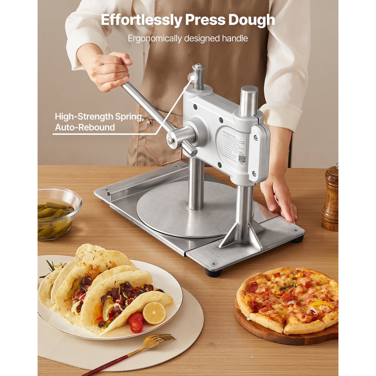 Manual Pizza Dough Press, 9.5 in. Stainless Steel Tortilla Maker with Lever, 100 Parchment Sheets, Commercial