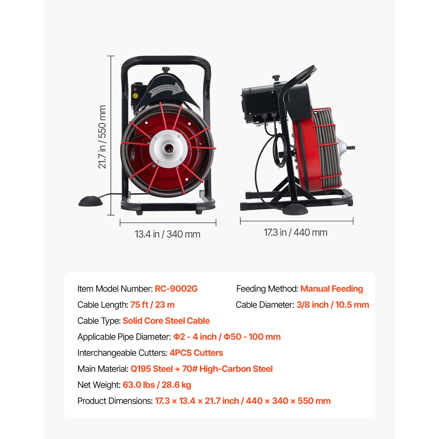 Drain Cleaner Machine 75 FT x 3/8 Inch, Sewer Snake Auger Manual Feed with 4 Cutters Air-activated Foot Switch for 2in to 4in Pipes