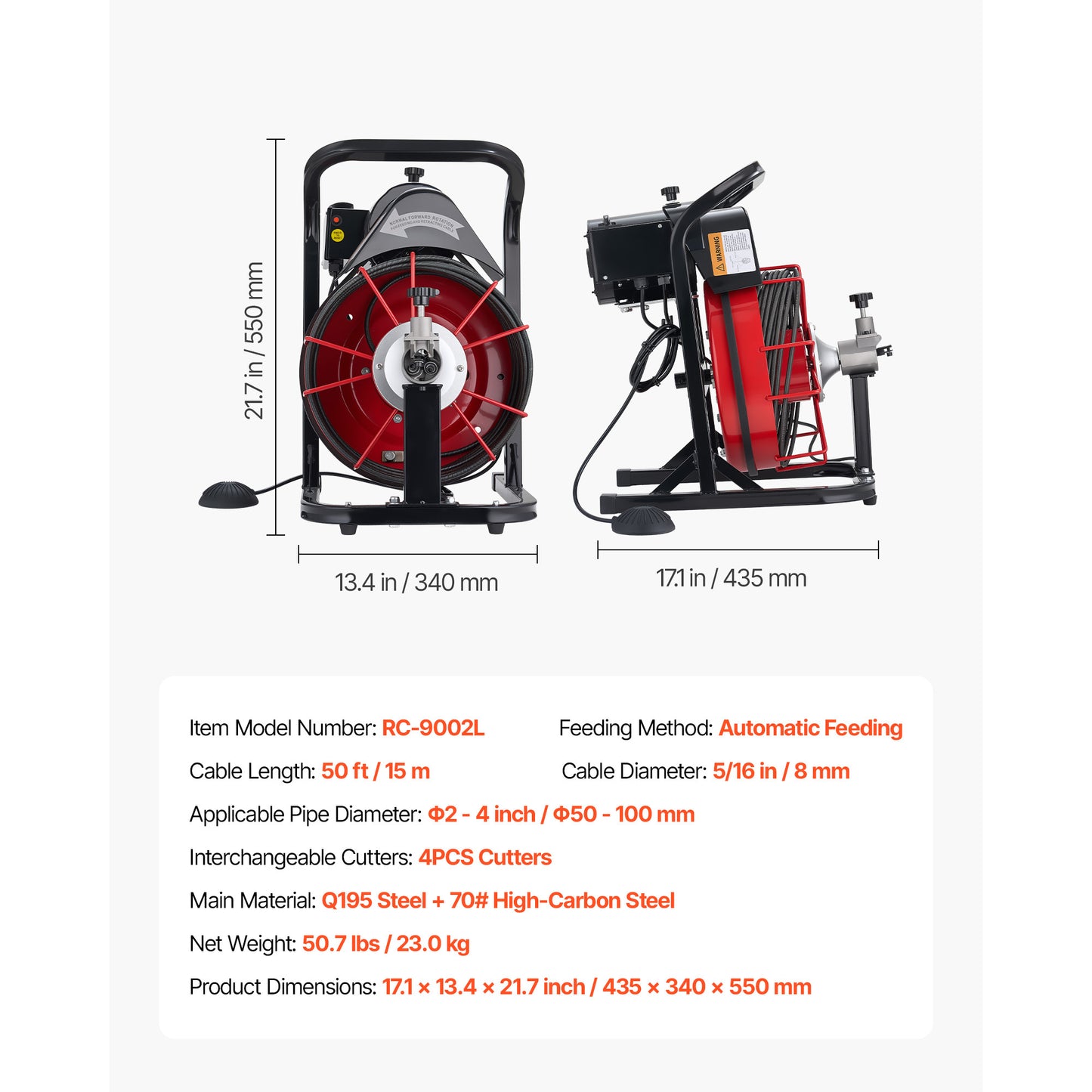 Drain Cleaner Machine 50 FT x 5/16 Inch, Auto Feed Sewer Snake Auger with 4 Cutters Air-Activated Foot Switch for 2in to 4in Pipes