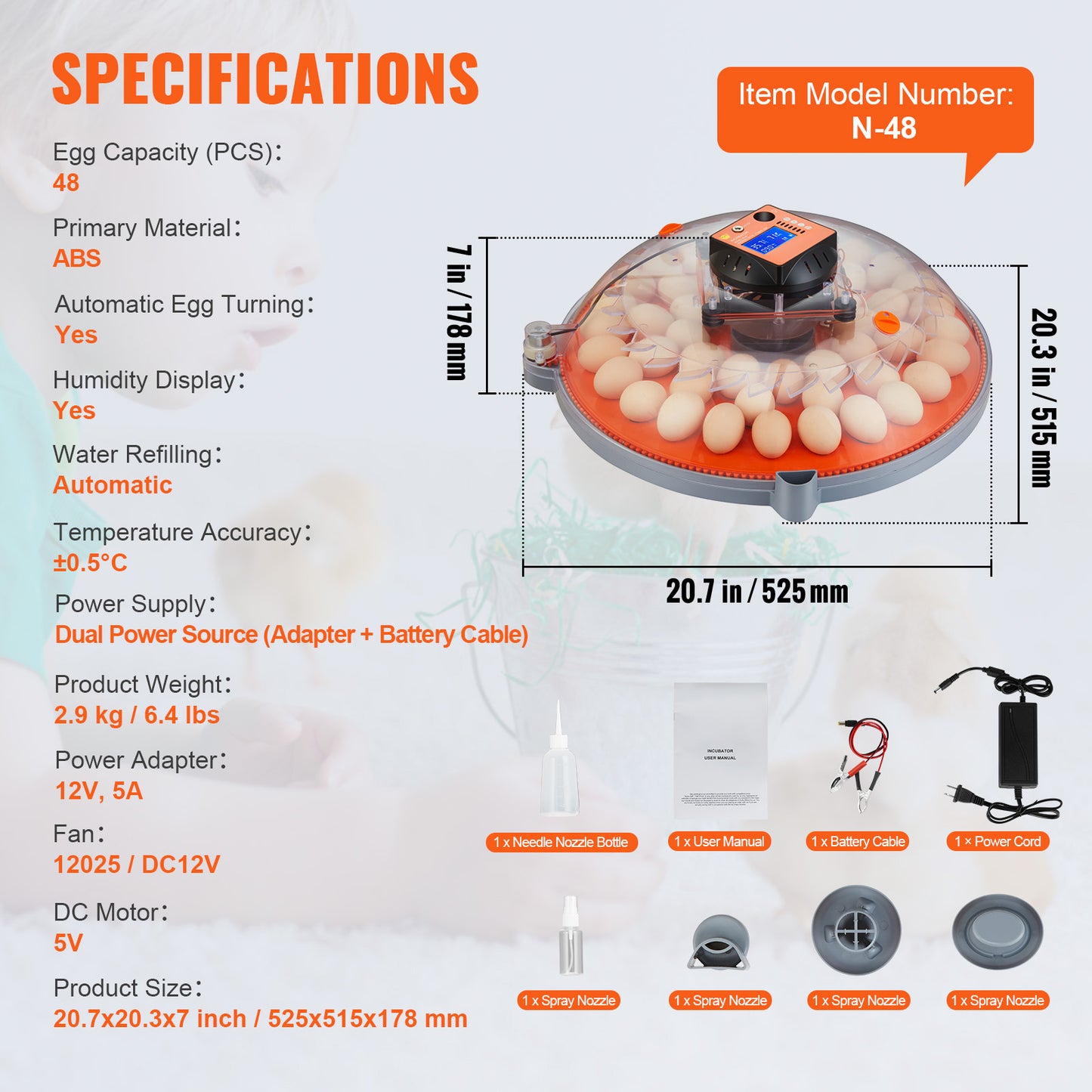 48 Egg Incubator with 360-Degree Automatic Egg Turner Temperature and Humidity Display Dual Power for Chicken Duck Quail
