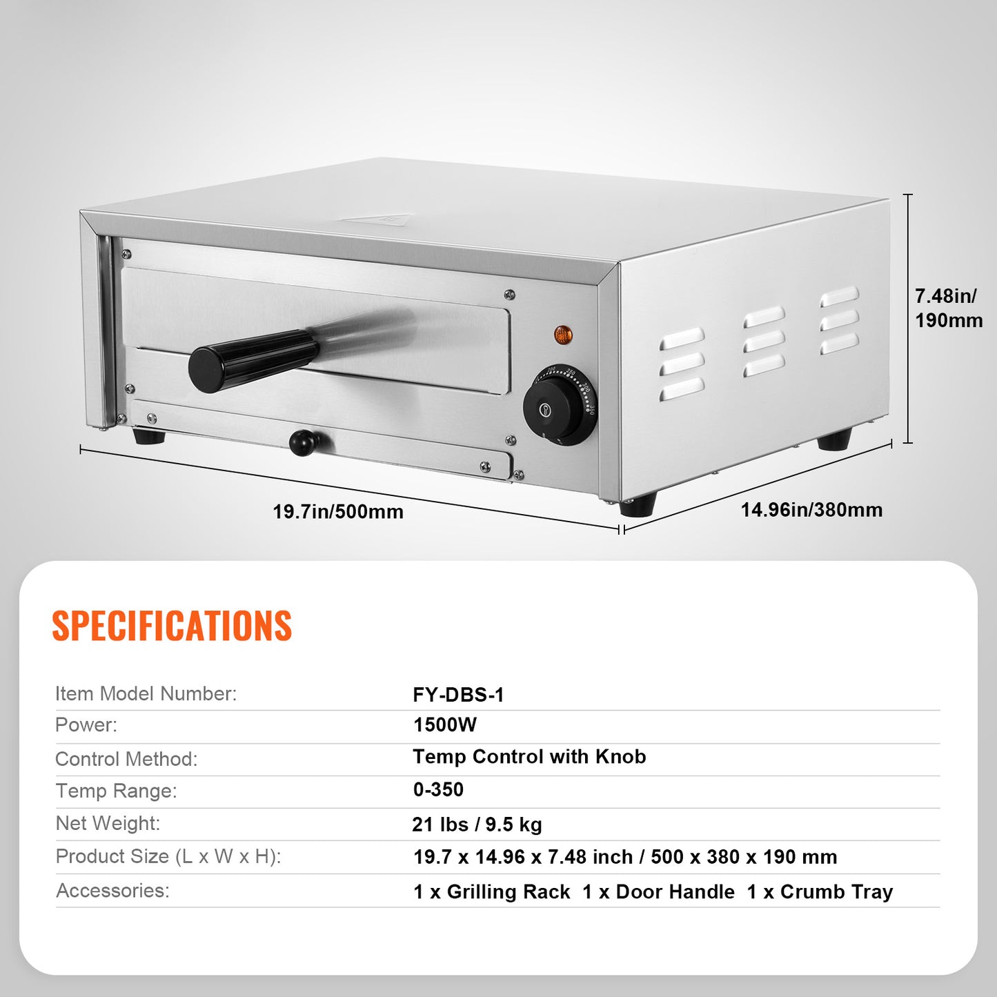 Countertop Electric Pizza Oven 12 in., 1500W, 32 to 572 deg F Stainless Steel Pizza Maker with Crumb Tray