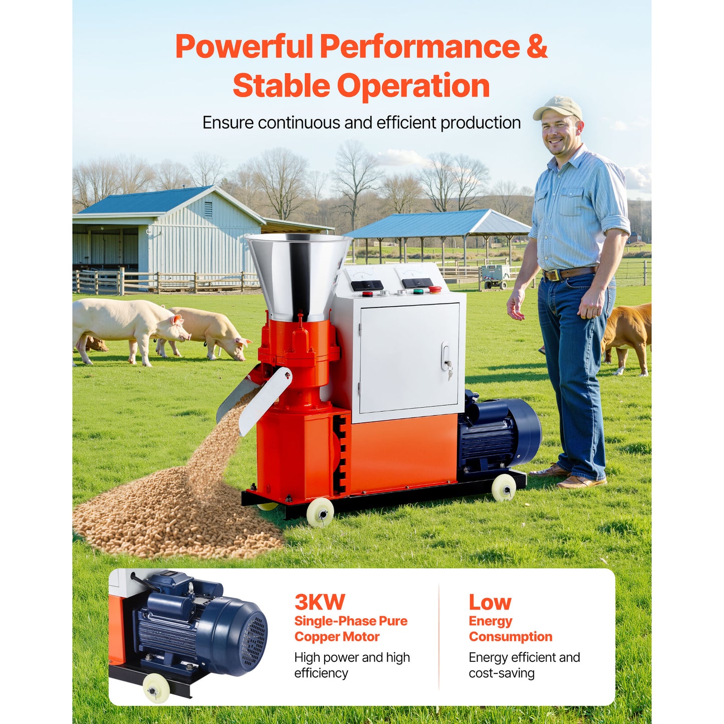 Feed Pellet Mill 5 mm Animal Feed Pellet Machine, 3,000 W 240V Granulator with 3 Rollers and 4 Wheels