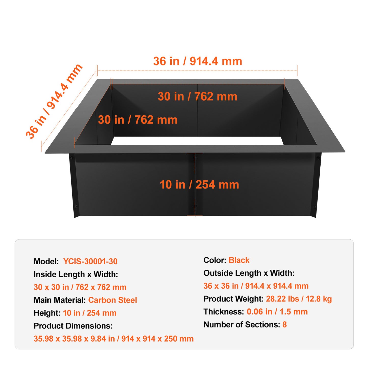 36 x 36 in. Square Fire Pit Ring, 30 x 30 in. Inner, 10 in. Tall Carbon Steel Fire Pit Insert for DIY Campfire