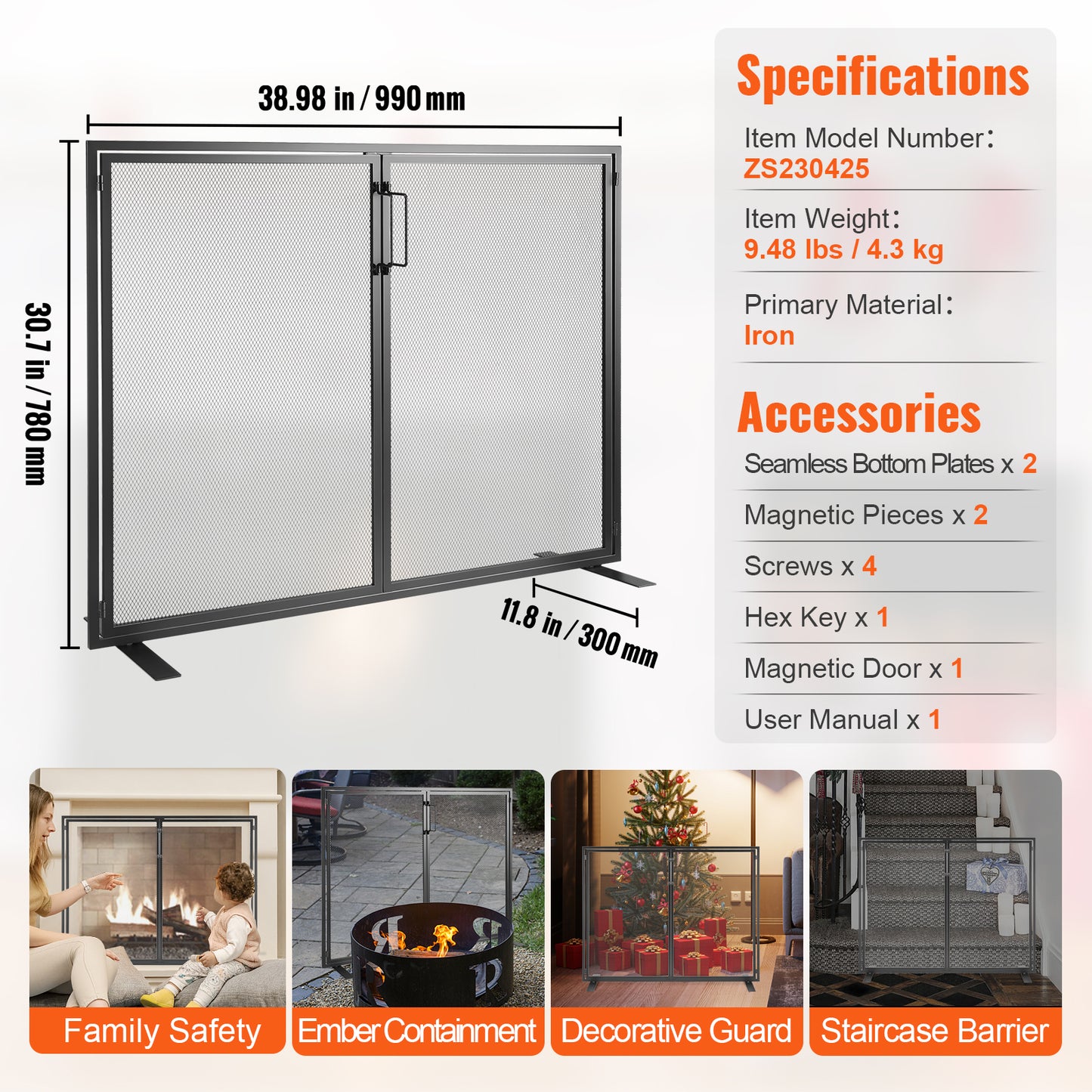 38.98 x 30.7 in. Modern Iron Mesh Fireplace Screen with Door, Black Spark Guard Cover Free Standing Fire Fence