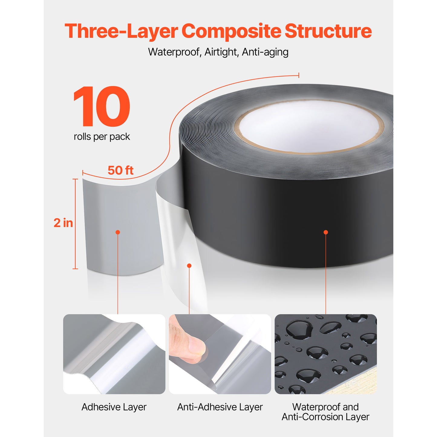 Deck Joist Tape, 2 inch x 50 ft, 10 Pack, Weather-Resistant Waterproof Flashing Butyl Joist Tape for Decking, Self-Adhesive, for Wood Decks, Beams Roofs, RVs, House, and Pipes Repair, Black