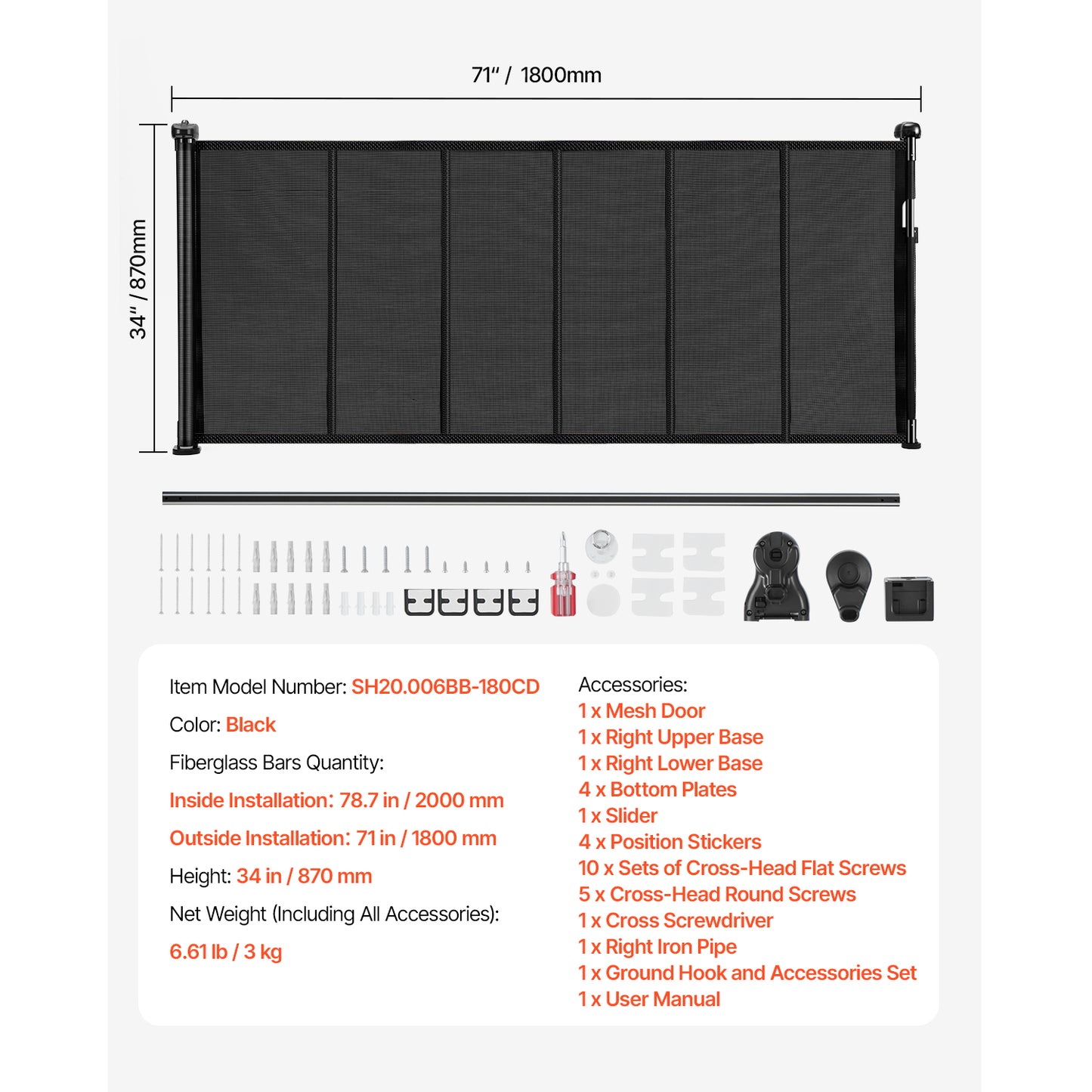 Retractable Baby Gate 34 in. Tall, Mesh Gate Extends to 71 in. Wide for Stairs Doorways Hallways, Black