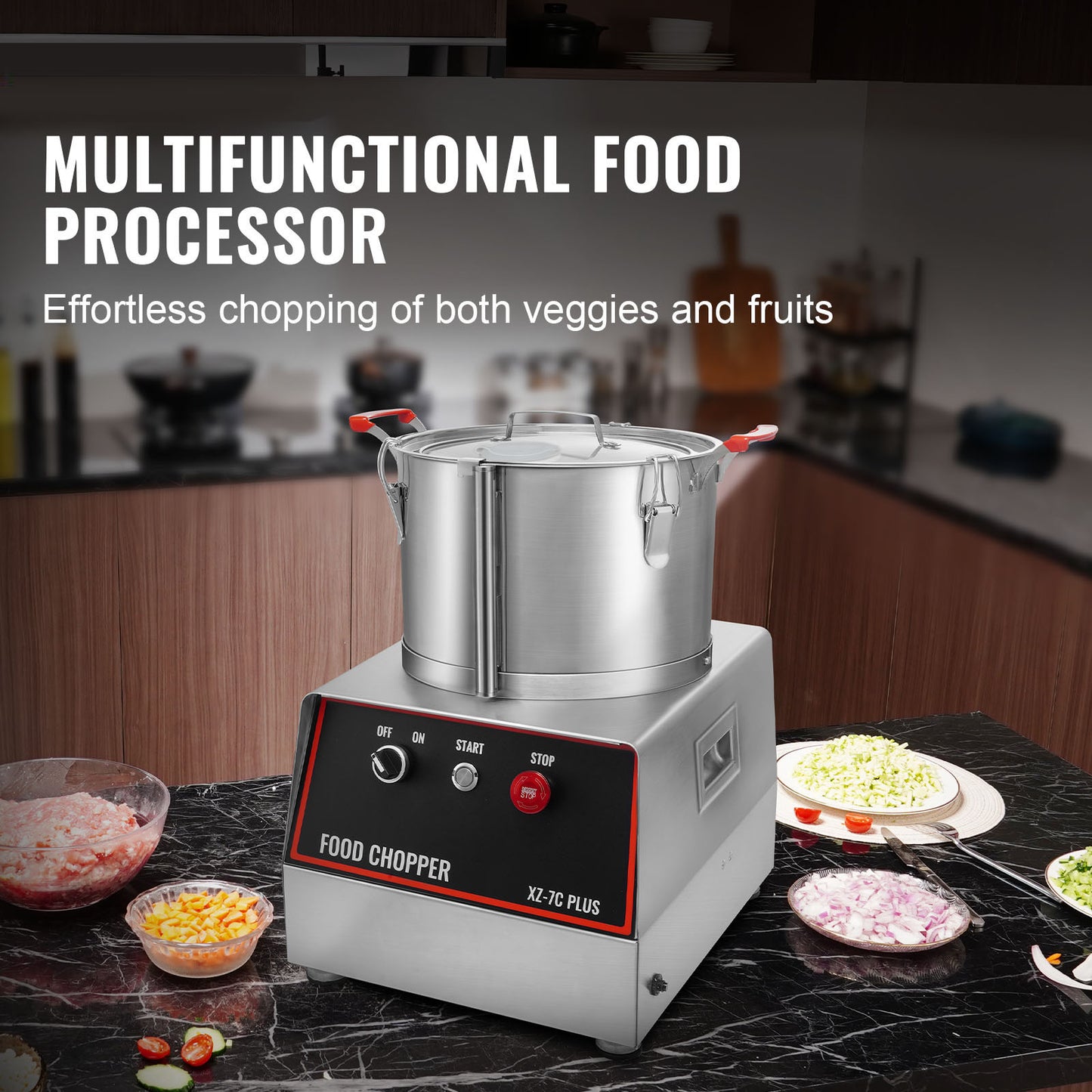 Food Processor 7 qt. Commercial, 750W Vegetable Chopper, Food-Grade Stainless Steel, 2 Extra S-Blades, Multifunction