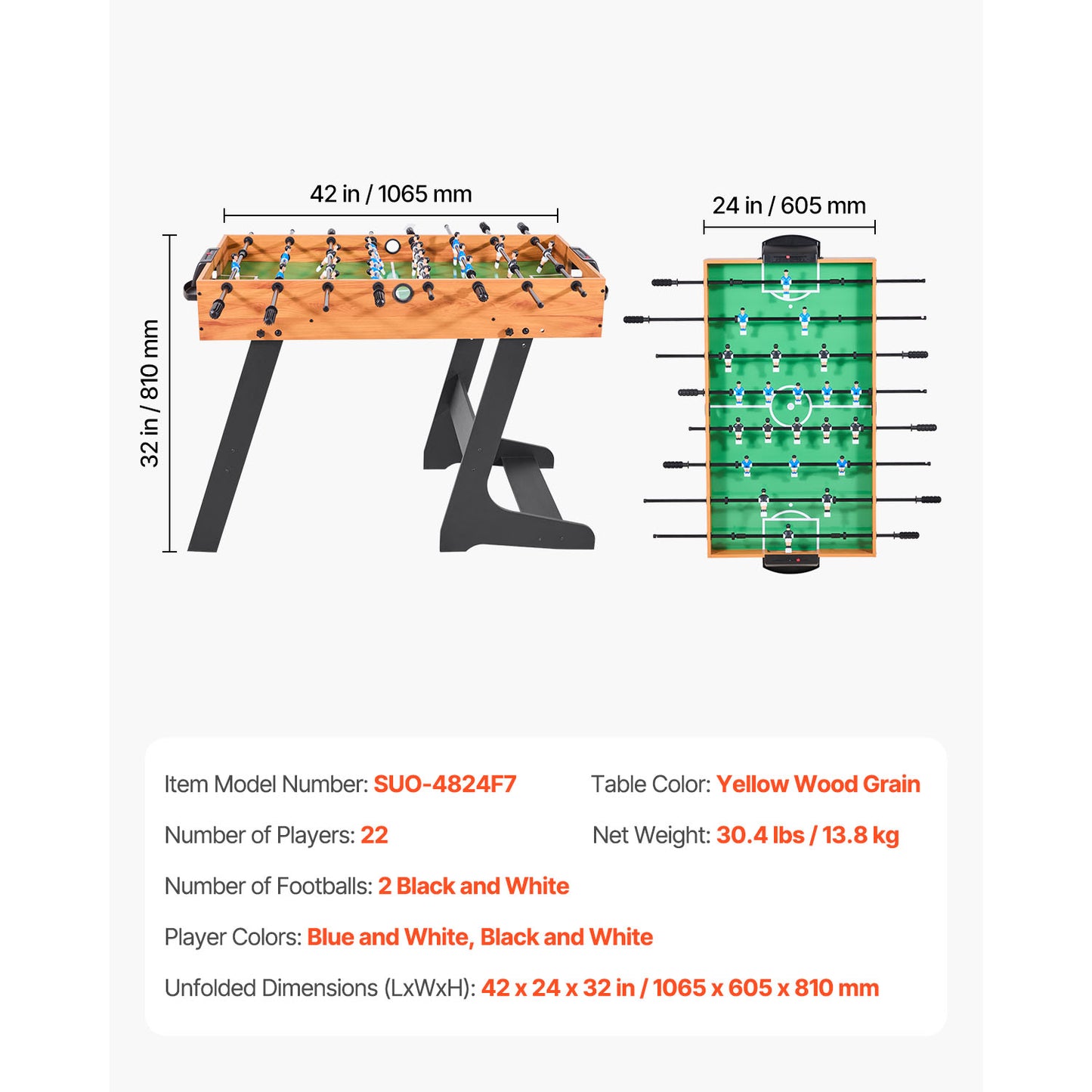 Folding Foosball Table 42 in., Indoor Standard Soccer Set with 22 Players and 2 Balls, Game Room