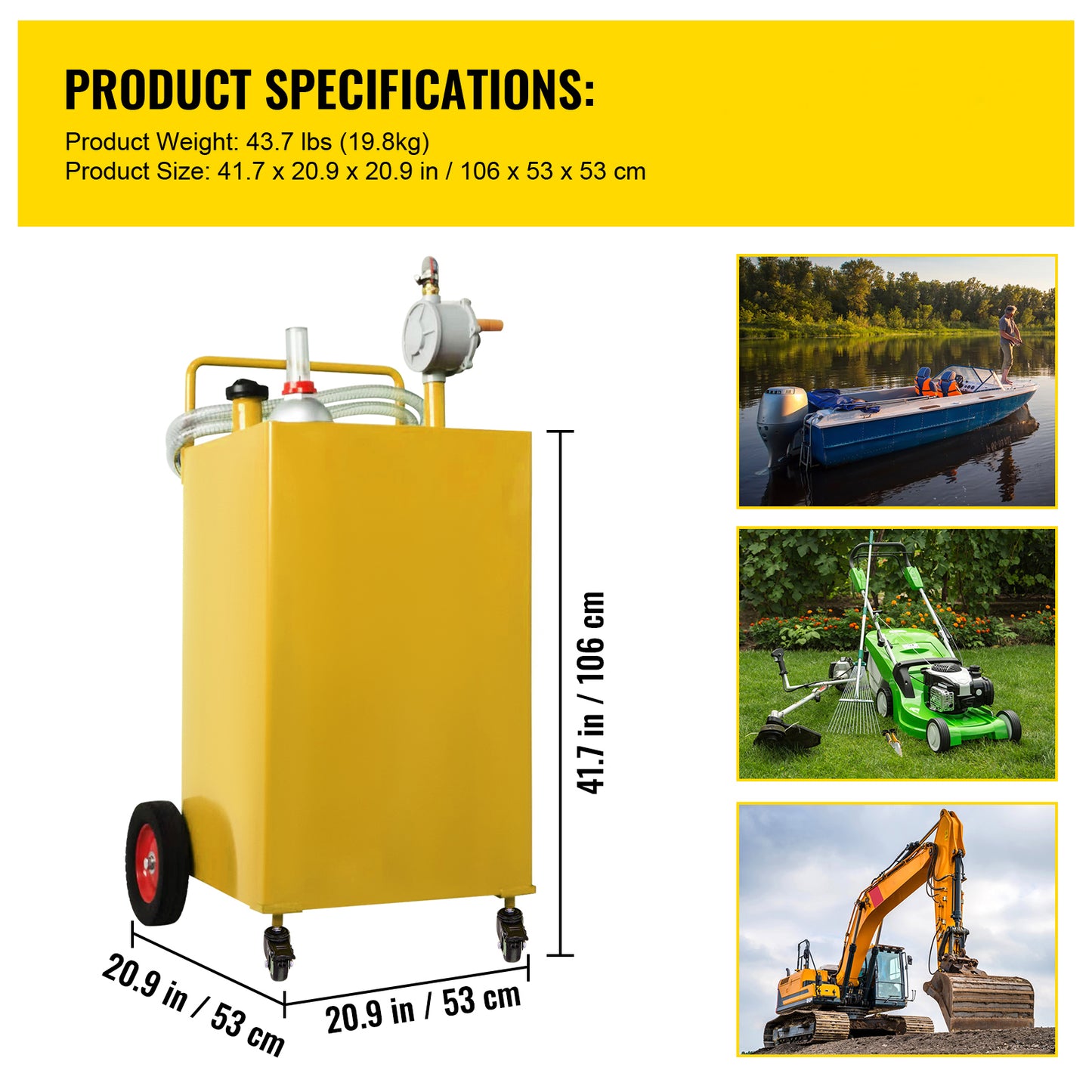 35 Gallon Portable Gas Caddy Carbon Steel Tank Manual Rotary Pump 8.2 ft Hose for Gasoline Diesel Kerosene Yellow