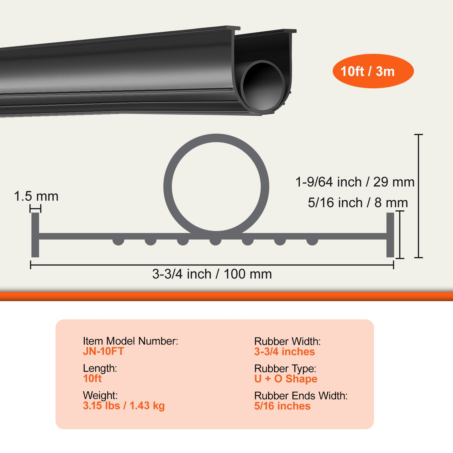 Garage Door Seals Bottom Rubber, U Shape +O Ring Garage Door Weather Stripping, Universal Weatherproof Threshold Buffering Sealing Rubber , 5/16 inch T-ends and 3 3/4 inch Width (10 Ft, Black)