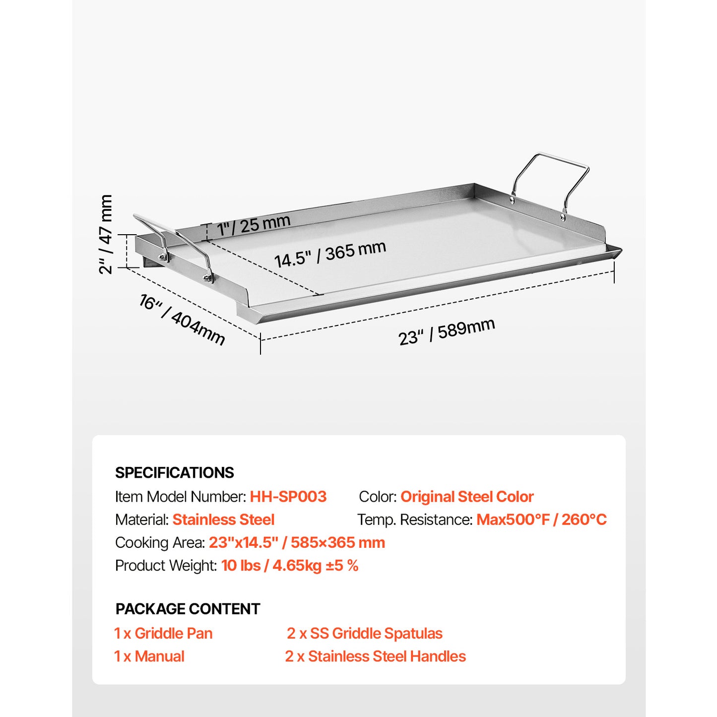 Stainless Steel Griddle 23 x 16 in., Flat Top Rectangular Gas Grill Plate, Universal Teppanyaki Cookware with Handle