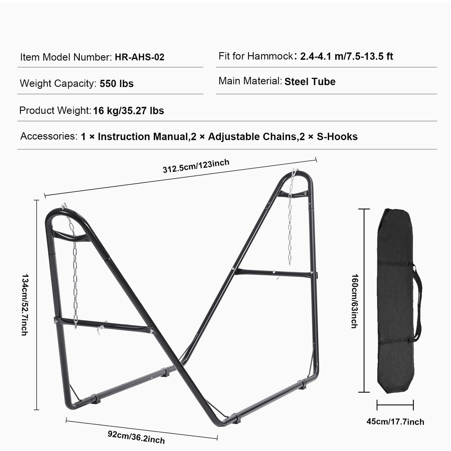 2 Person Hammock Stand, 550 lb. Capacity Heavy Duty Steel Frame Fits 7.5 to 13.5 ft. Hammocks, Portable