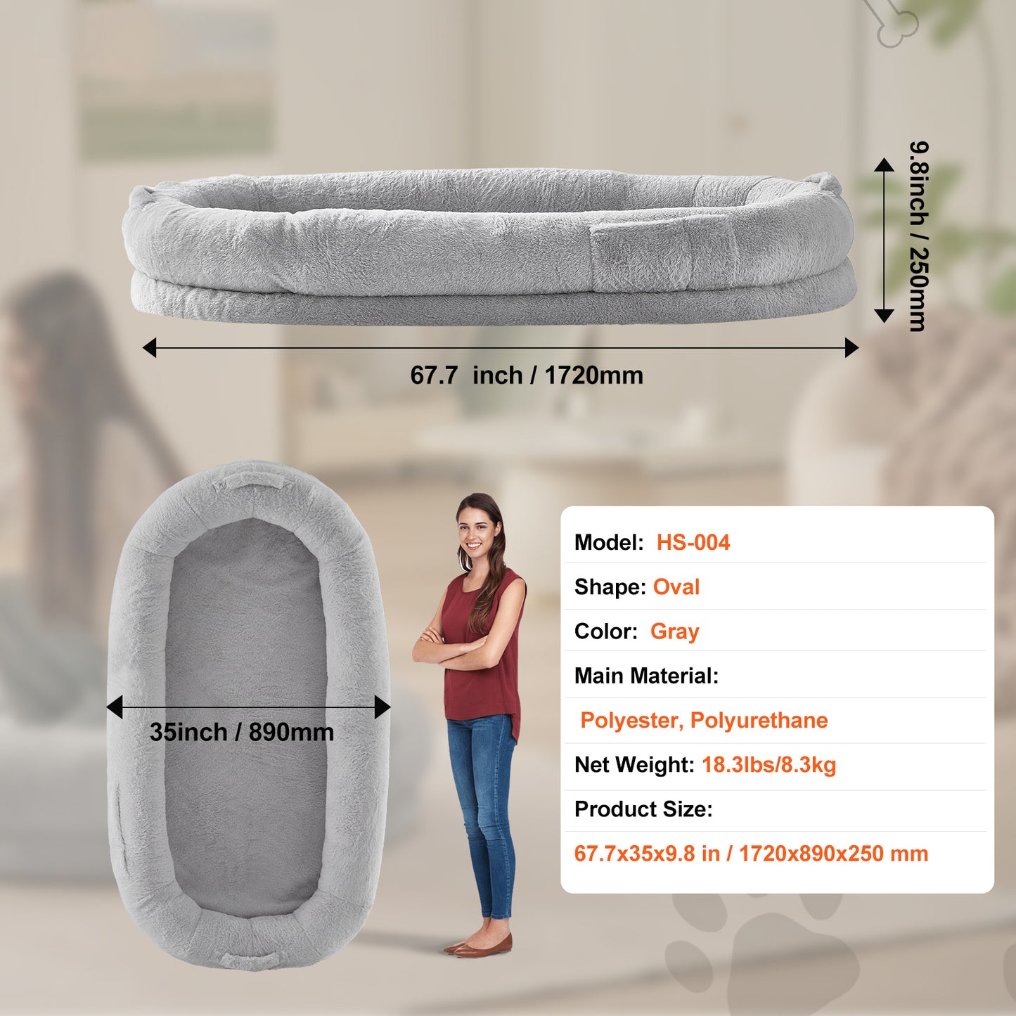 Human Dog Bed 67.7 x 35 x 9.8 in., Washable Faux Rabbit Fur Cover, Egg Crate Foam, Storage Pockets, Light Grey