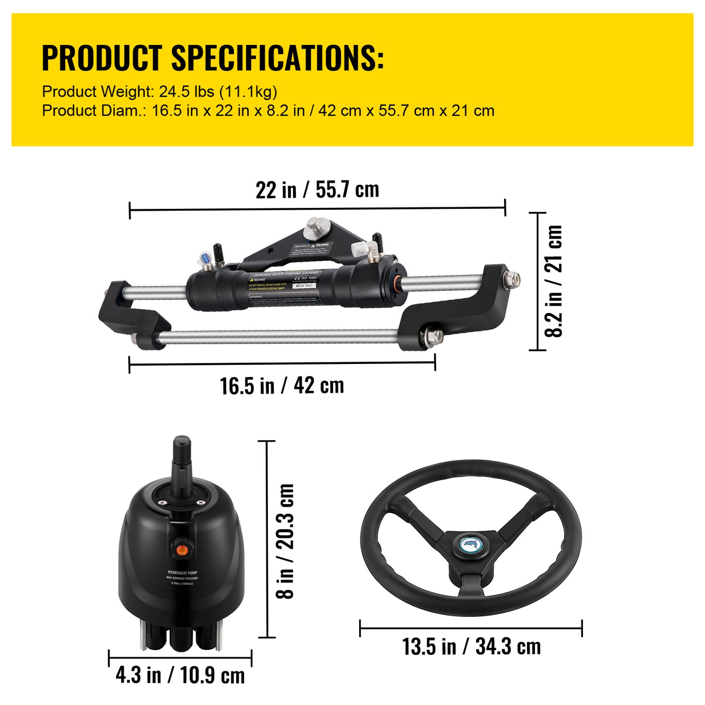 Hydraulic Boat Steering Kit 300HP Helm Pump Cylinder Wheel 18 ft. Hose Marine Steering System
