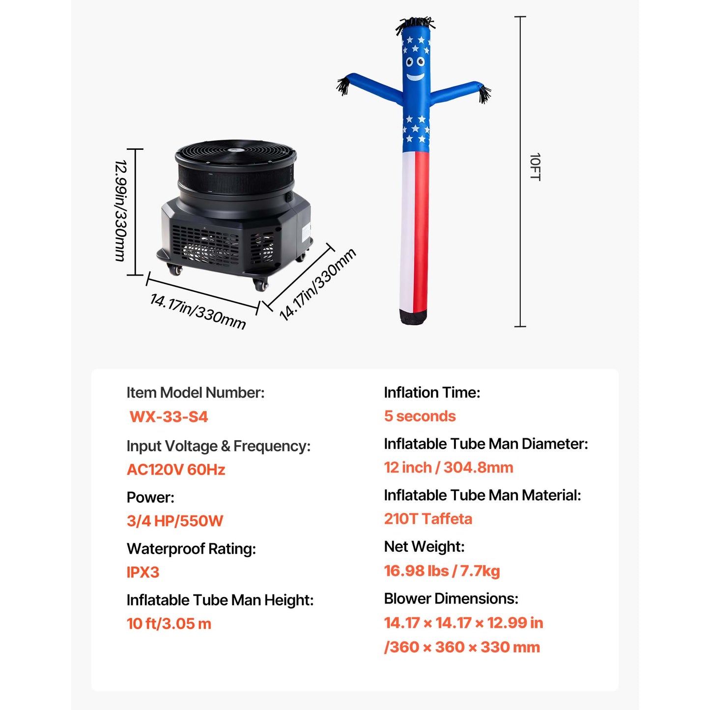 Inflatable Tube Man 10 ft. Tall with Blower, Wacky Waving Dancing Tube Guy with 3/4 HP IPX3 Waterproof Fan