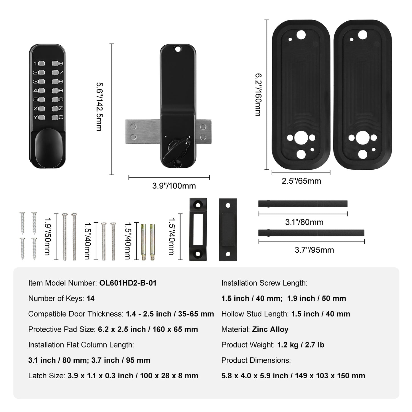 Mechanical Keyless Entry Door Lock, 14 Digit Keypad, Outdoor Gate Door Locks Set with Surface-mounted Latch, Water-proof Zinc Alloy, Keypad and Knob, Easy to Install, for Garden, Garage, Yard