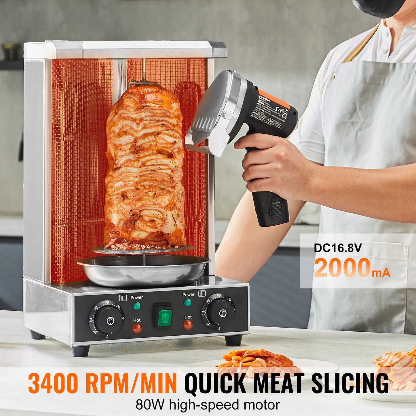 Electric Shawarma Knife 80W Cordless, Commercial Doner Kebab Slicer, Stainless Steel Gyro Cutter, 4 in. Blade, 2 Blades