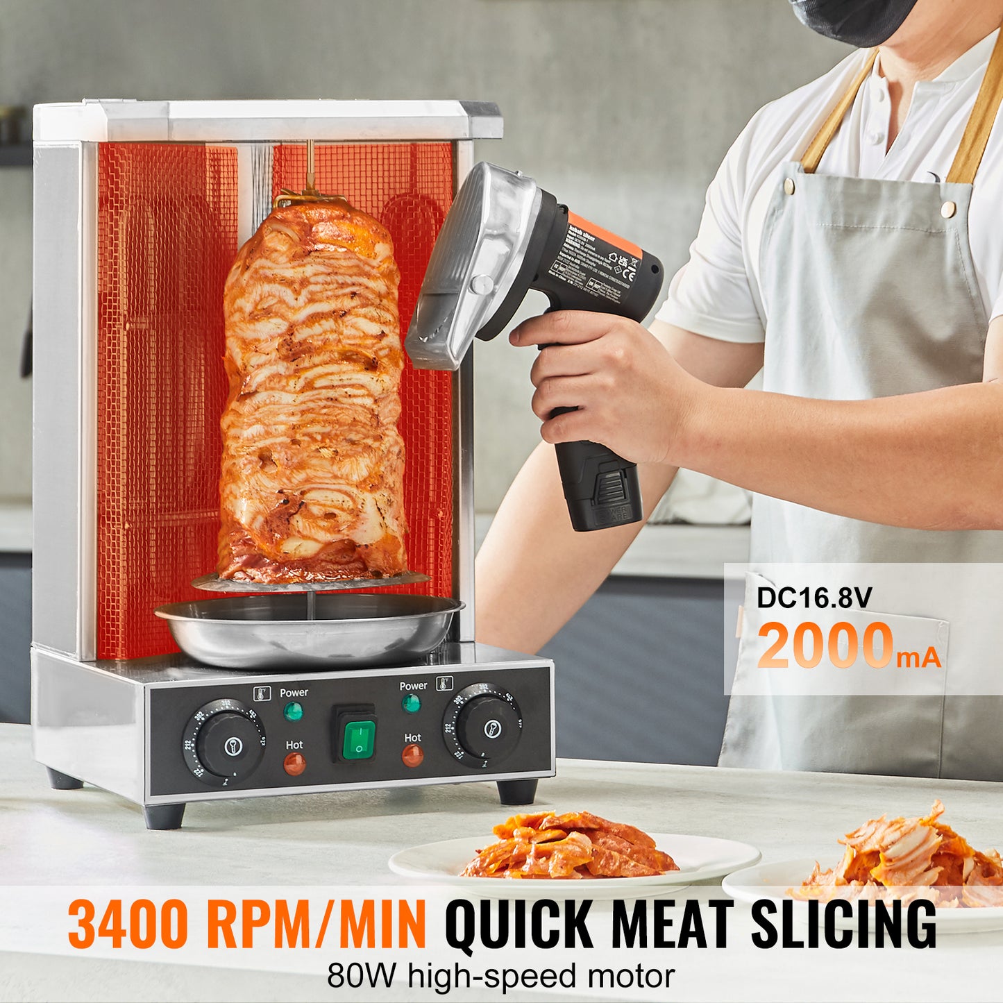 Electric Shawarma Knife 80W Cordless, Battery Doner Kebab Slicer, Gyro Meat Cutter, 4 in. Blade, 115-Min Runtime
