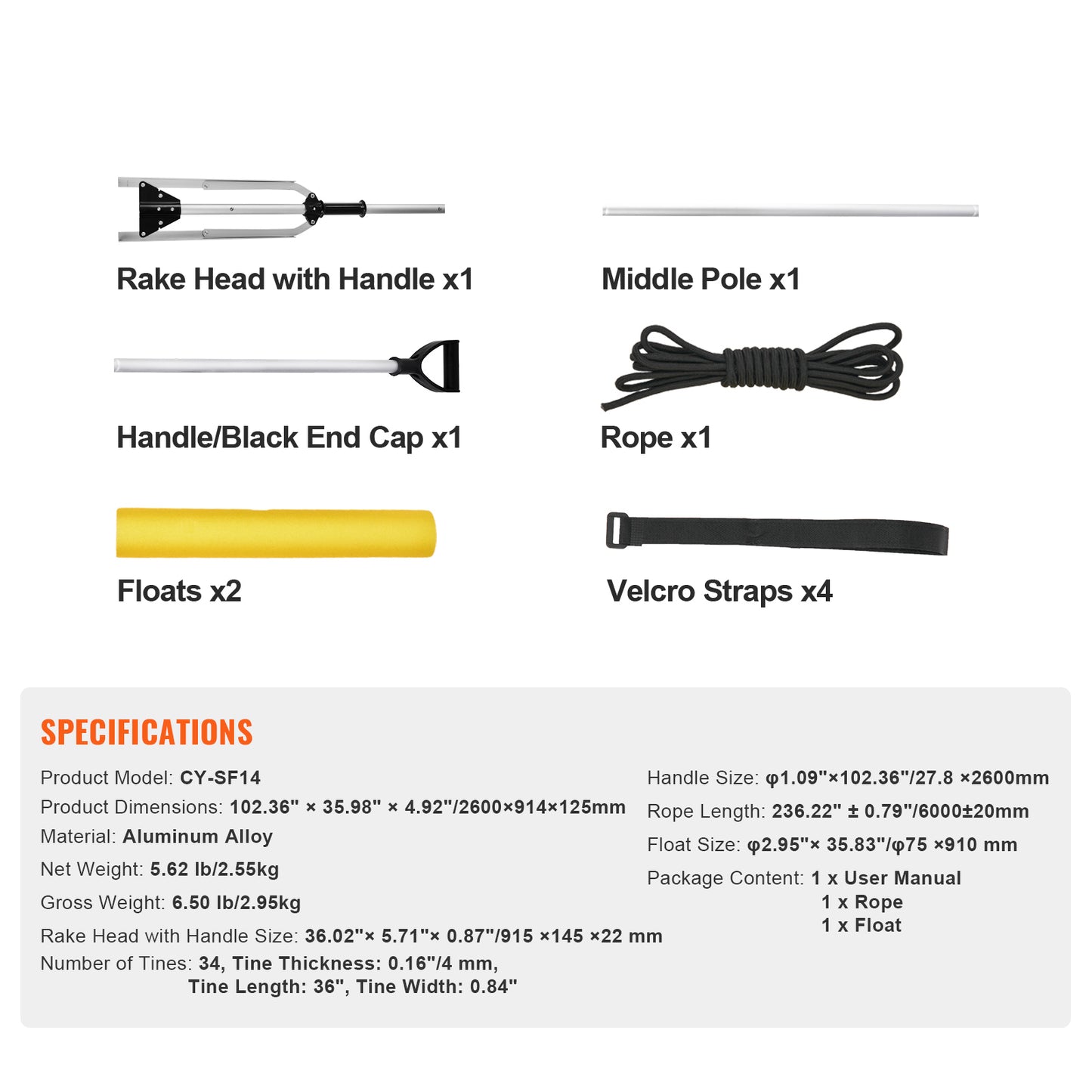 Landscape Rake 36 in. Head, Lake Weed Rake with 102 in. Aluminum Handle, Rope and Float for Pond and Garden Cleaning