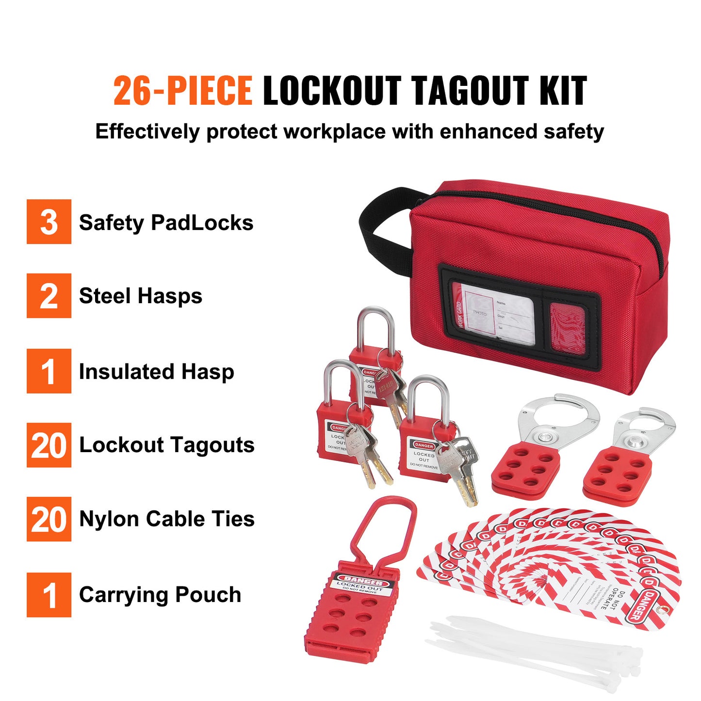 26-Piece Electrical Lockout Tagout Kit with Padlocks, Hasps, Tags and Carry Bag for Industrial Safety Use