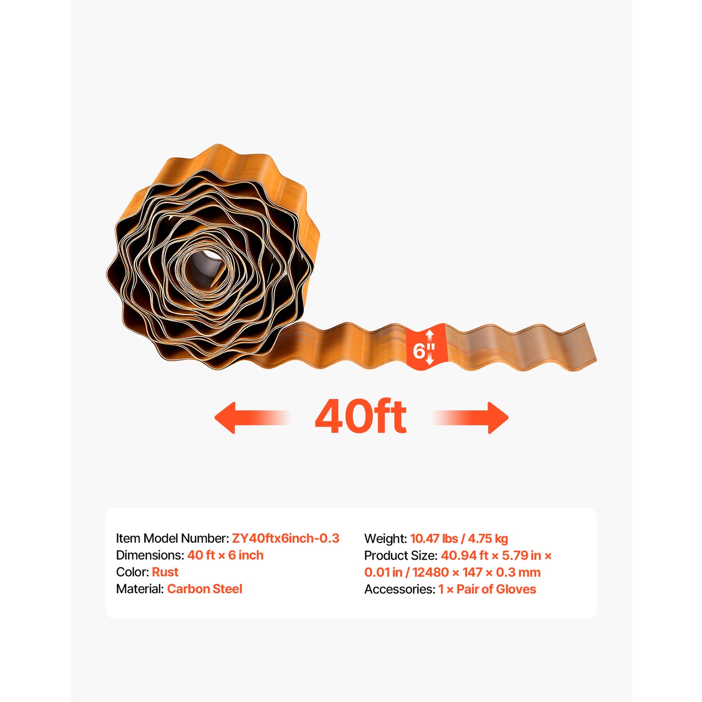 Carbon Steel Landscape Edging, 40 ft. x 6 in. Bendable Metal Garden Border with Gloves for Flower Beds, Rust