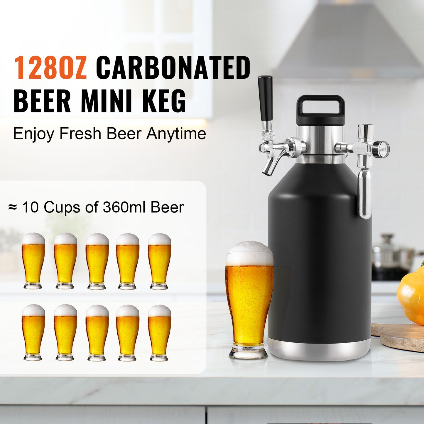 128 oz. Beer Growler Tap System, 304 Stainless Steel Pressurized Mini Keg with Gauge and CO2 Regulator Faucet