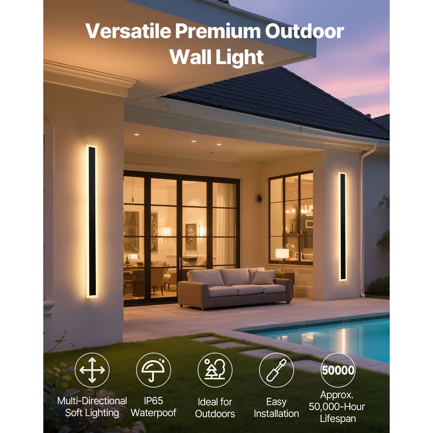 Outdoor Linear Wall Lights, 2 Pack, 39.4 Inch Modern Exterior Sconce, 3000K Warm White, IP65 Rated