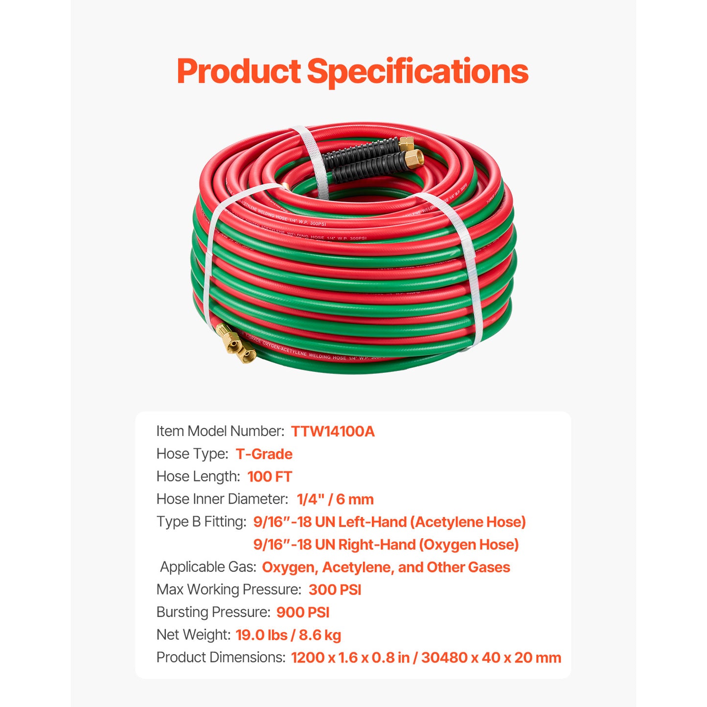 Oxygen Acetylene Hose, 1/4-Inch x 100FT Oxy Acetylene Hose with 9/16in-18 B Fitting, 300PSI T Grade Welding Cutting Torch Twin Hose, Compatible with Oxygen, Acetylene, Propane and Other Fuel Gases