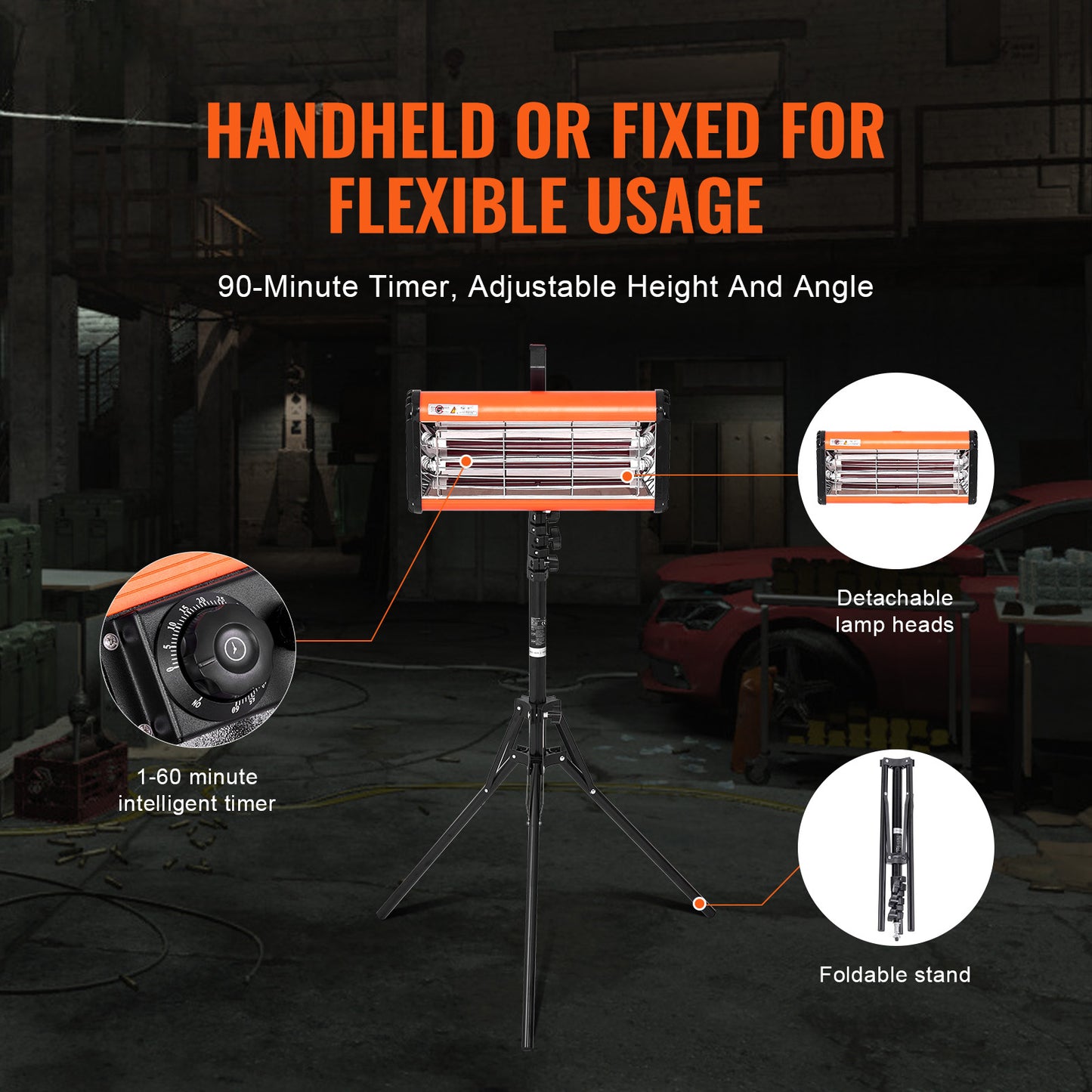 Infrared Curing Lamp, Handheld/Stand Dual Use, 2000W 0-90 min Timing, Auto Heating Car Curing Light with Bracket, 3.55 sq.ft Spray Baking Booth Heaters, Paint Dryer for On-Site Repair