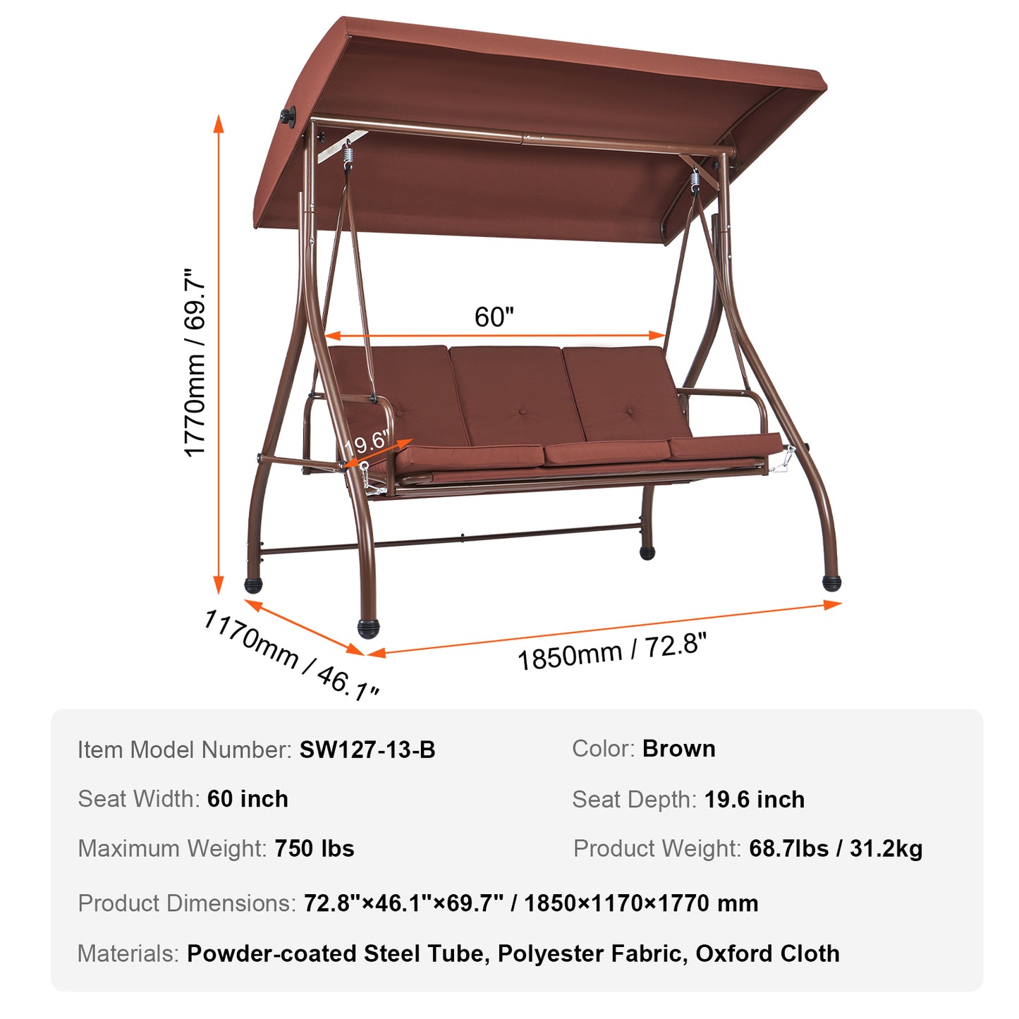 3-Seat Patio Swing Chair with Adjustable Canopy, Converting Swing-to-Bed, 750 lb. Alloy Steel Frame, Brown