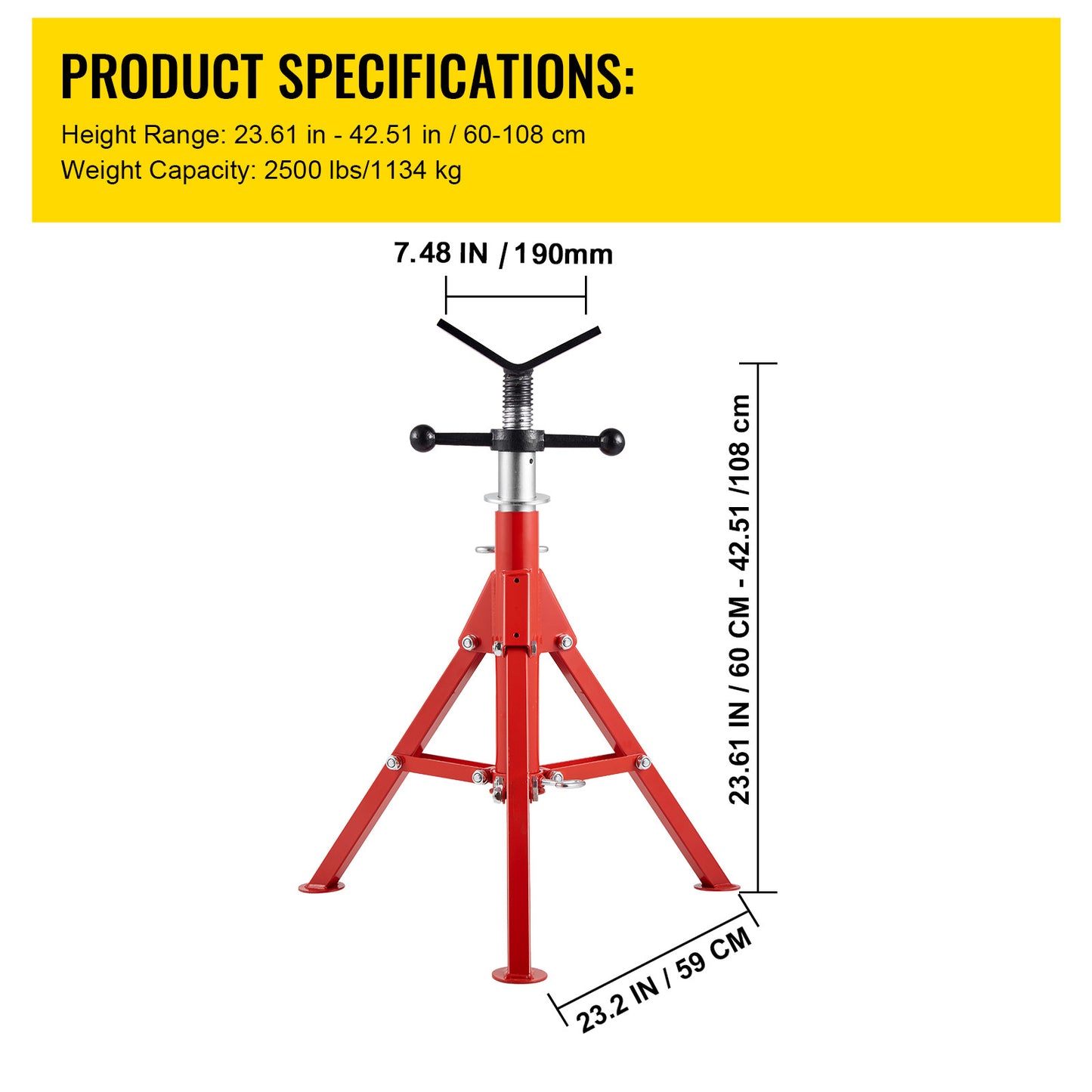 V Head Pipe Stand 1/8-12 inch Capacity, 24-42 inch Adjustable Height, 2500 lbs Load Capacity Pipe Stands, Portable Folding Support Stands for Piping Applications