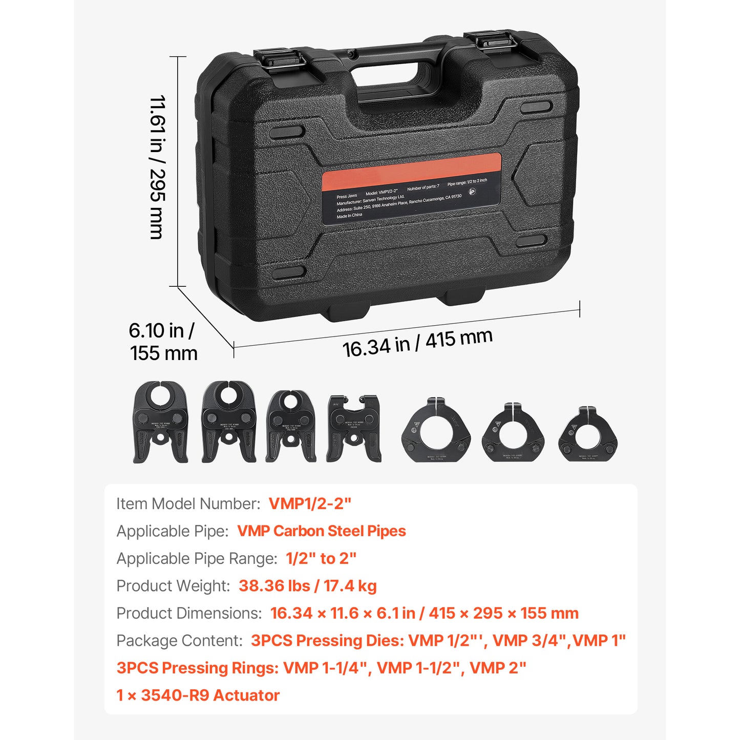 7PCS VMP Pressing Kit 1/2in to 2in - 3PCS Press Jaws, 3PCS Press Rings, 1PCS Actuator - Compatible with Megapress Carbon Steel Pipes, Work with 32KN Standard Press Tools - with Case