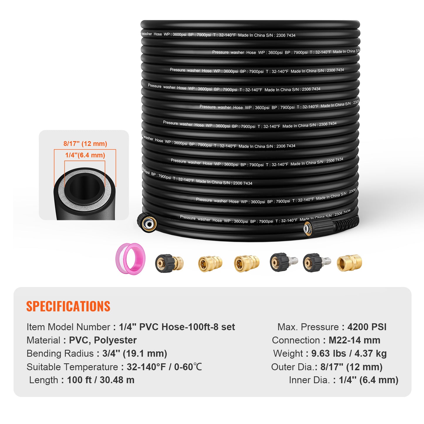 Pressure Washer Hose 100 ft., 4200 PSI Kink-Free PVC Hose with M22 14 mm Brass Thread, Replacement for Most Brands