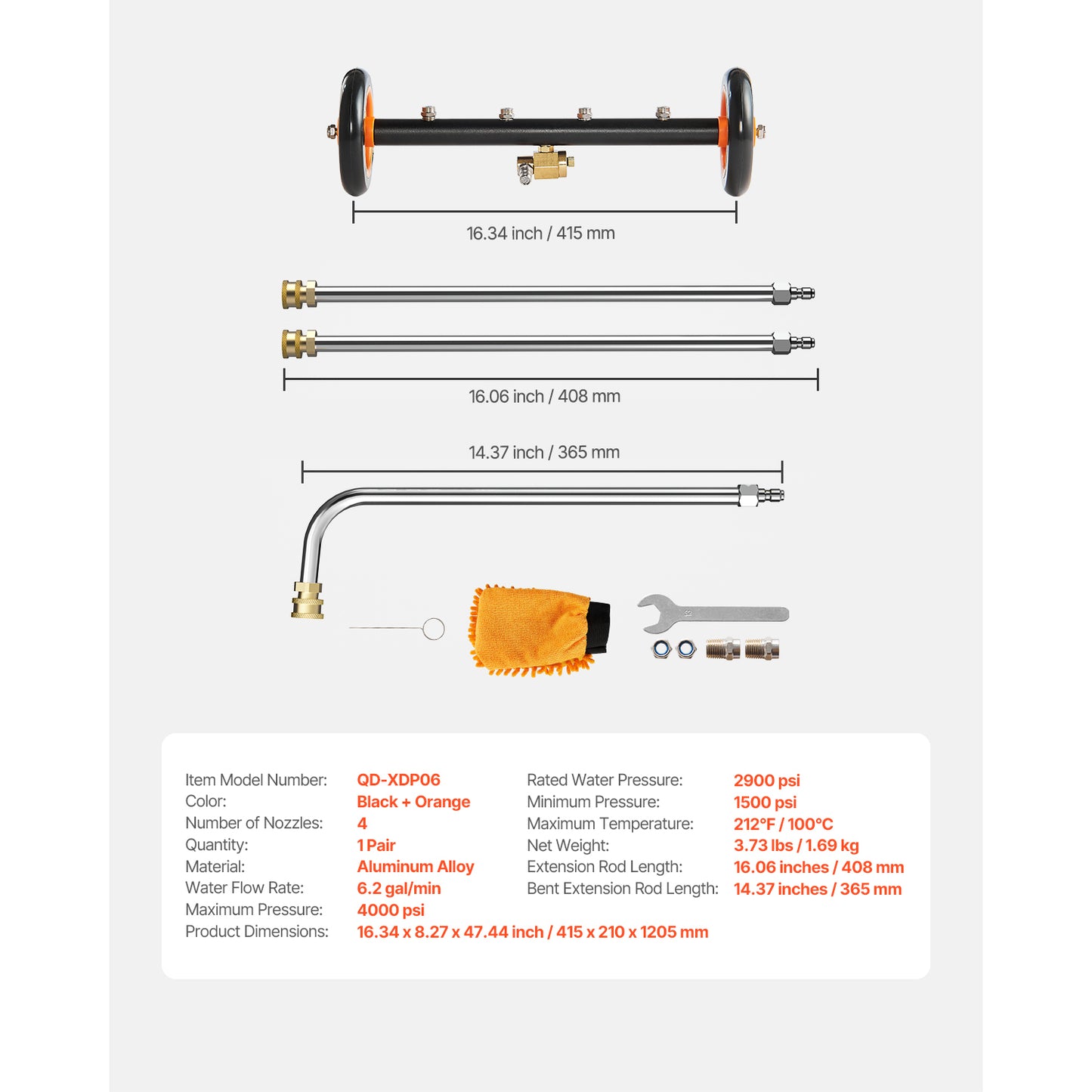 16 in. Pressure Washer Undercarriage Cleaner, Stainless Steel Surface Cleaner 4000 PSI, 4 Nozzles, 2 Extension Wands