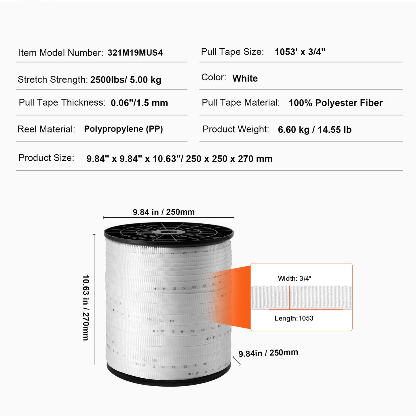 Polyester Pull Tape, 3/4in x 1053ft Mule Tape Flat Rope, 2500 lbf Tensile Capacity, Printed Webbing Cable Pulling Tape for Packaging, Gardening, Commercial Electrical, Conduit Work, White