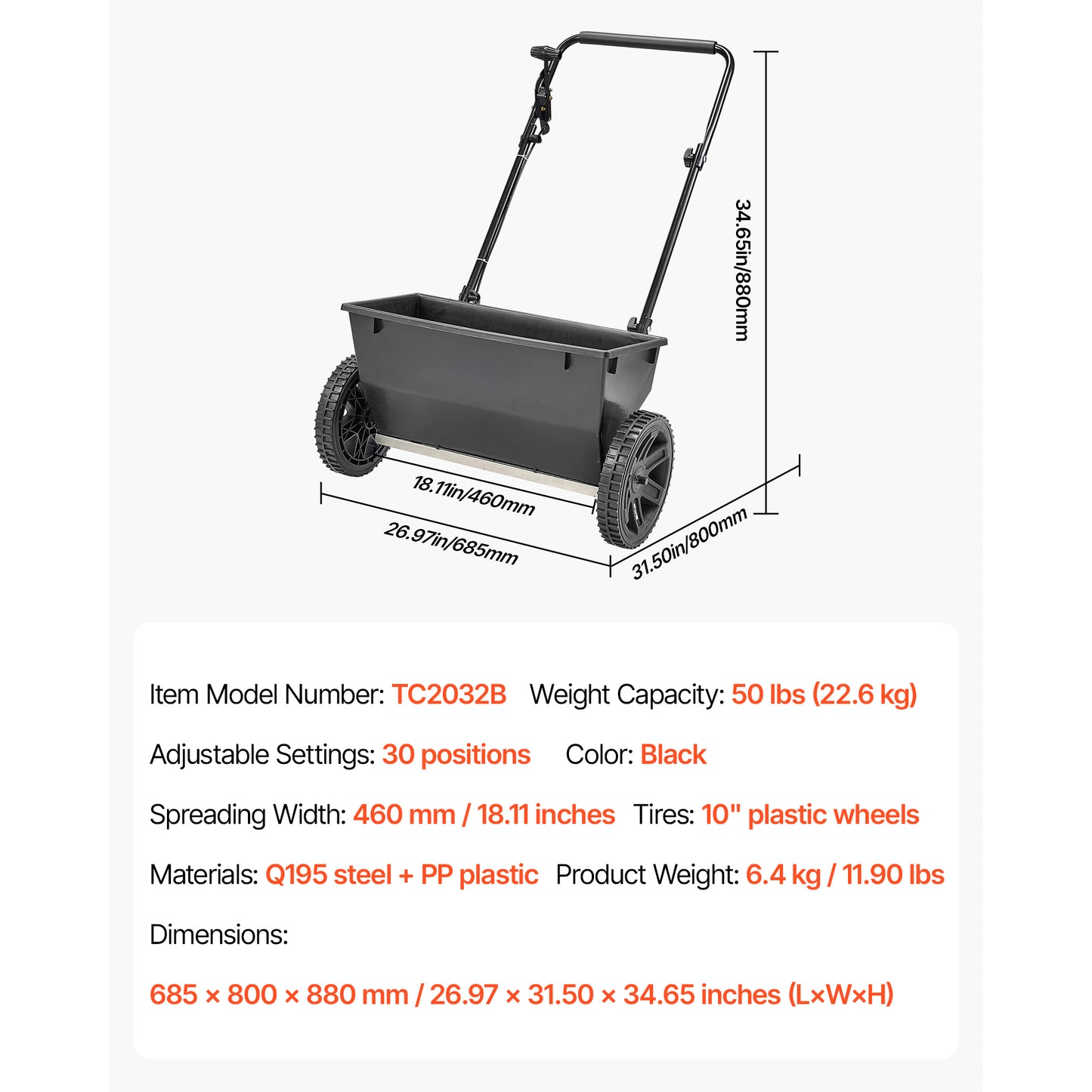 Walk-Behind Drop Spreader, 50 lb. Capacity, 18 in. Spread Width, 10 in. Pneumatic Tires for Seed Fertilizer Salt