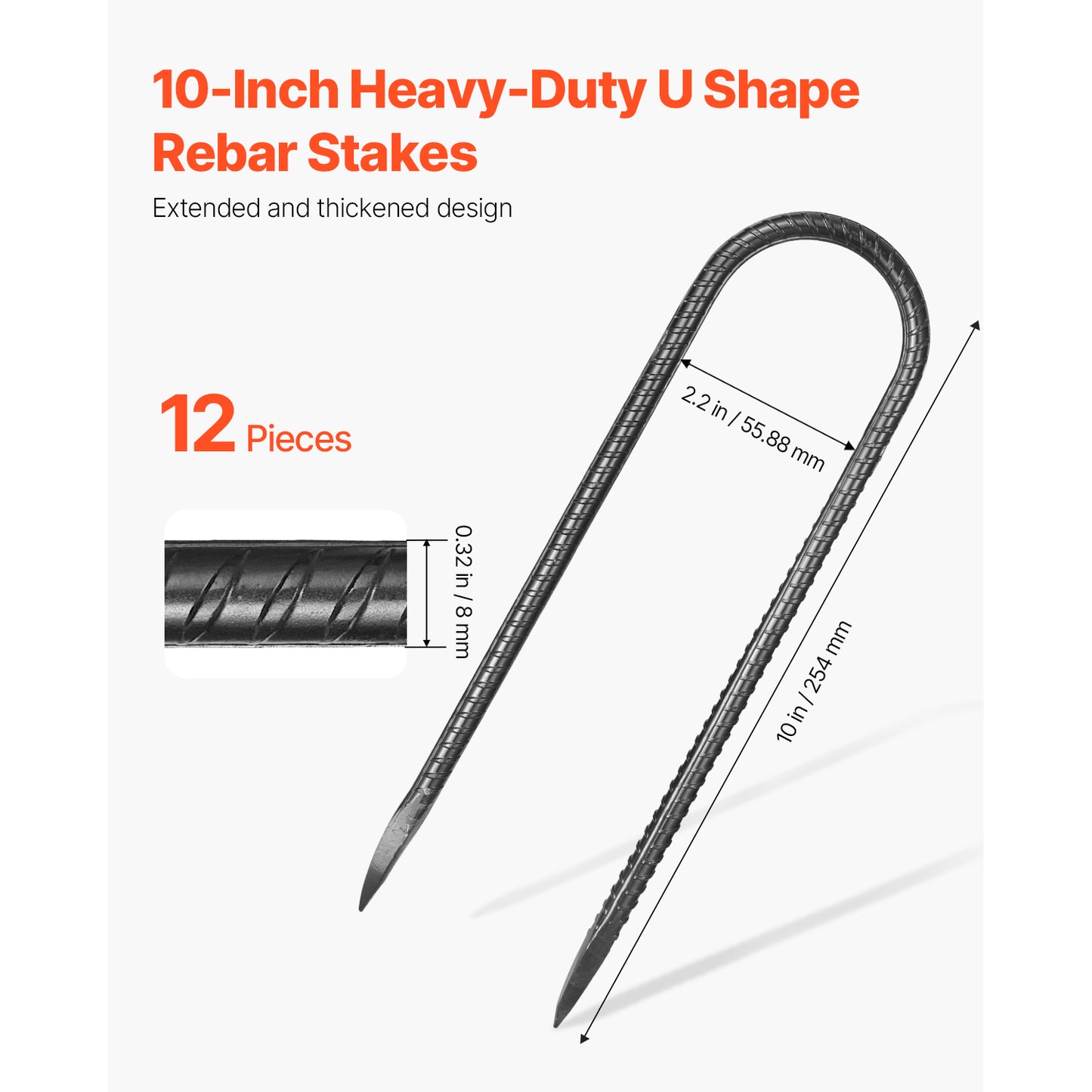 Rebar Stakes, 10-Inch, Heavy-Duty 0.32 in Diameter U Shape, Galvanized Steel Ground Anchors with Chisel Point End Rust-Resistant Coating, for Gardening Support, Fence, Camping Tents (12-Pack)