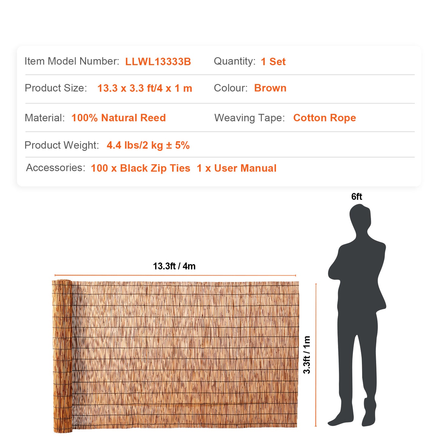Natural Reed Fencing Roll 3.3 ft. x 13.3 ft., Privacy Screen Panel for Backyard Patio Balcony, Brown