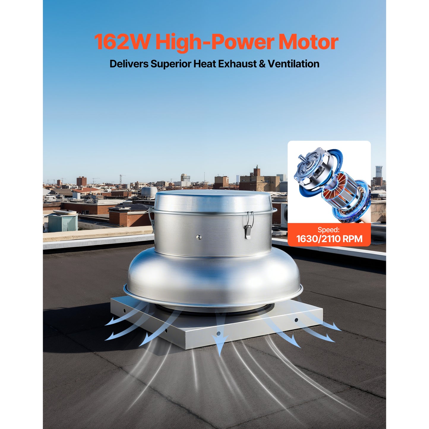 Roof Exhaust Fan, Attic Vent Fan with High-Power Motor, 21 inch Fan Base Heavy-Duty Aluminum Alloy, Speed Control Adjustable Airflow 500/900 CFM, Compact for Garage,Kitchen,Bathroom, Silver