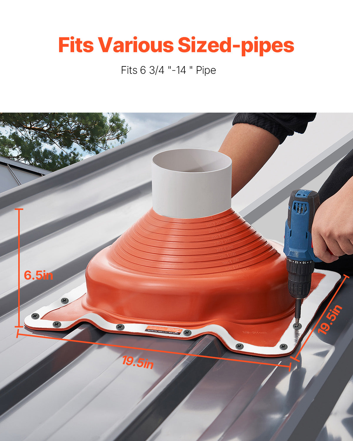 2Pcs Roof Pipe Flashing Boots, Fit Pipe OD 6-3/4in to 14in, Flexible Silicone Roofing Jack Pipe Flashing, High Temp -101¨H to 437¨H, Square Metal Base, for Chimney, Wood Stove Outdoor Vent Pipes