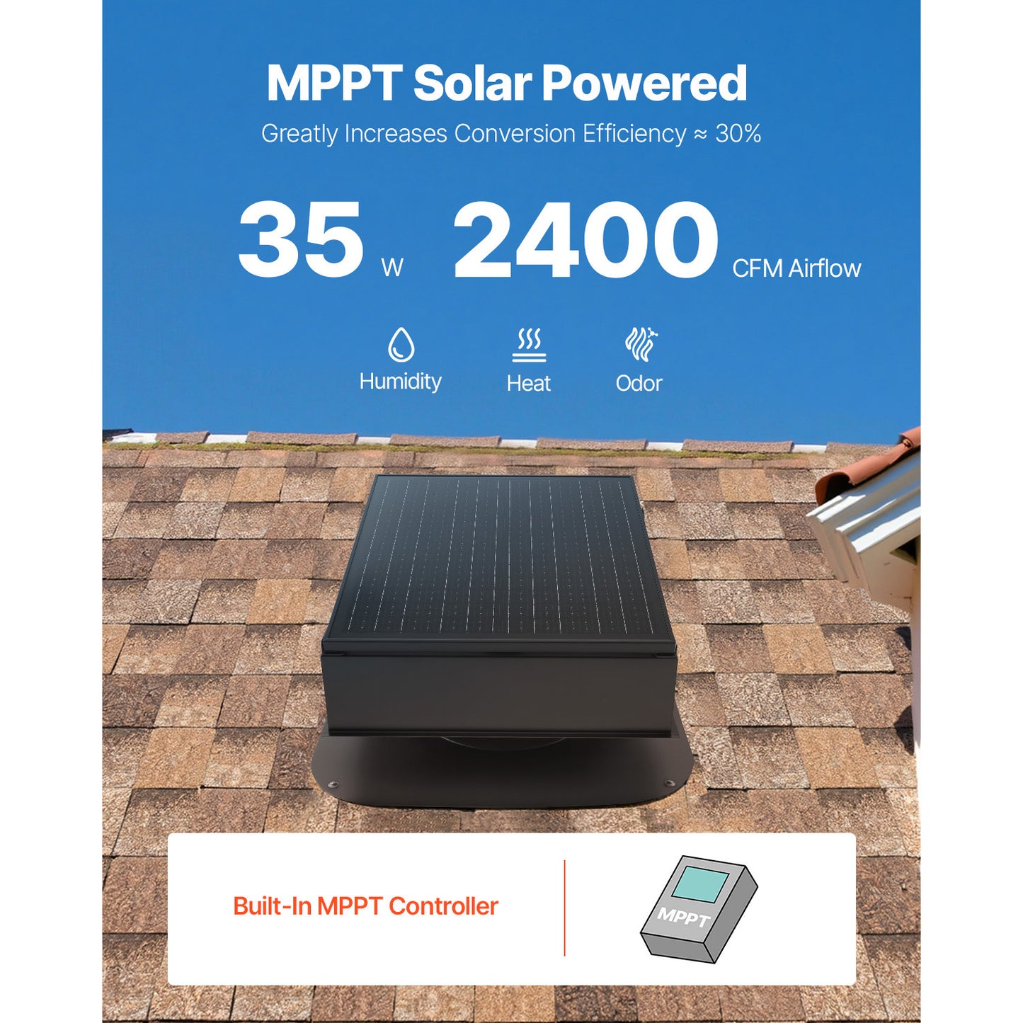 Roof Attic Exhaust Fan, 35W Smart Solar Roof Ventilation Fan Auto Temperature Control, 2400 CFM Airflow Built-in Brushless DC Motor for Cooling and Dehumidification, No Remote