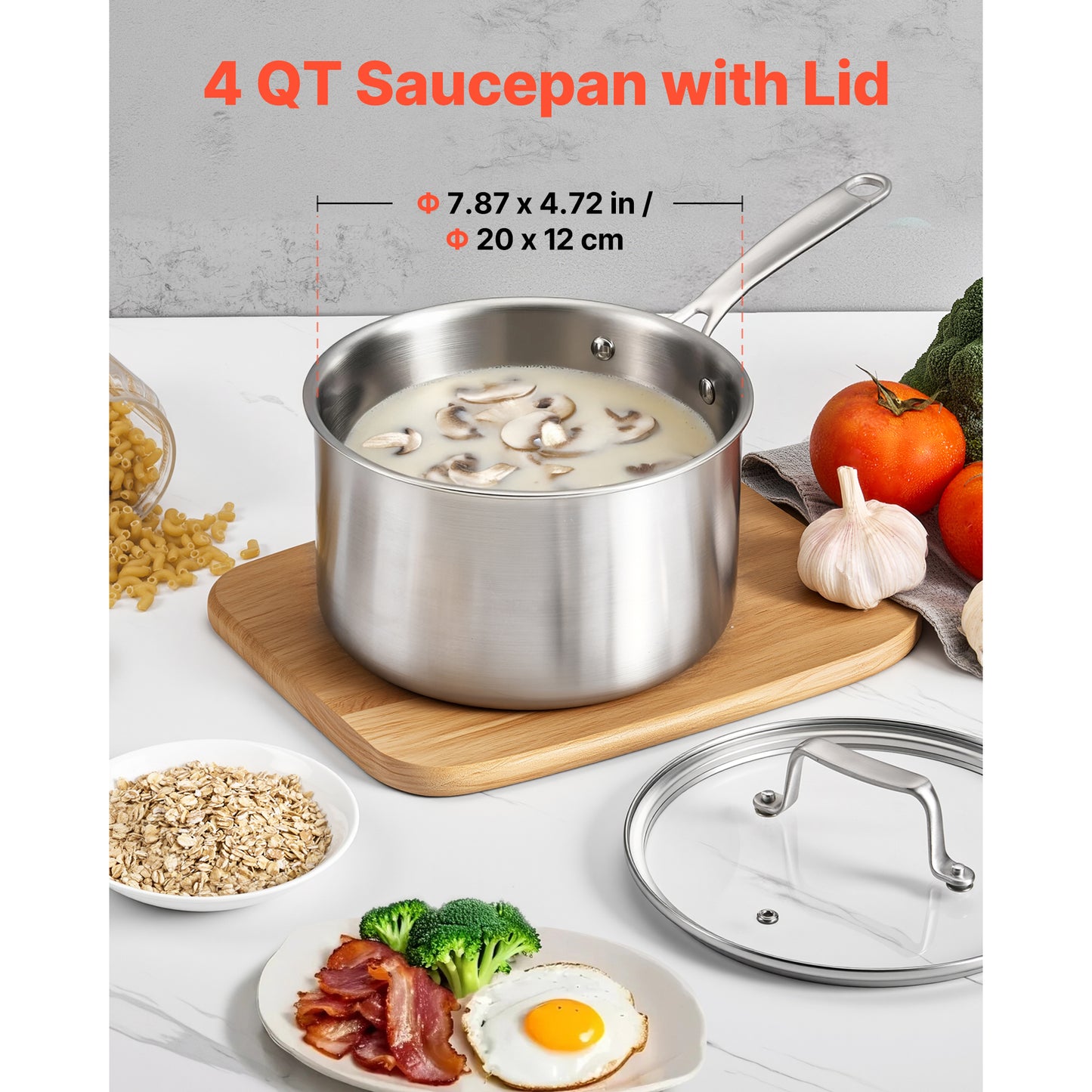 4 Qt. Stainless Steel Saucepan with Glass Lid, Tri-Ply Sauce Pot for Induction Gas Electric, Riveted Handle, Oven Safe