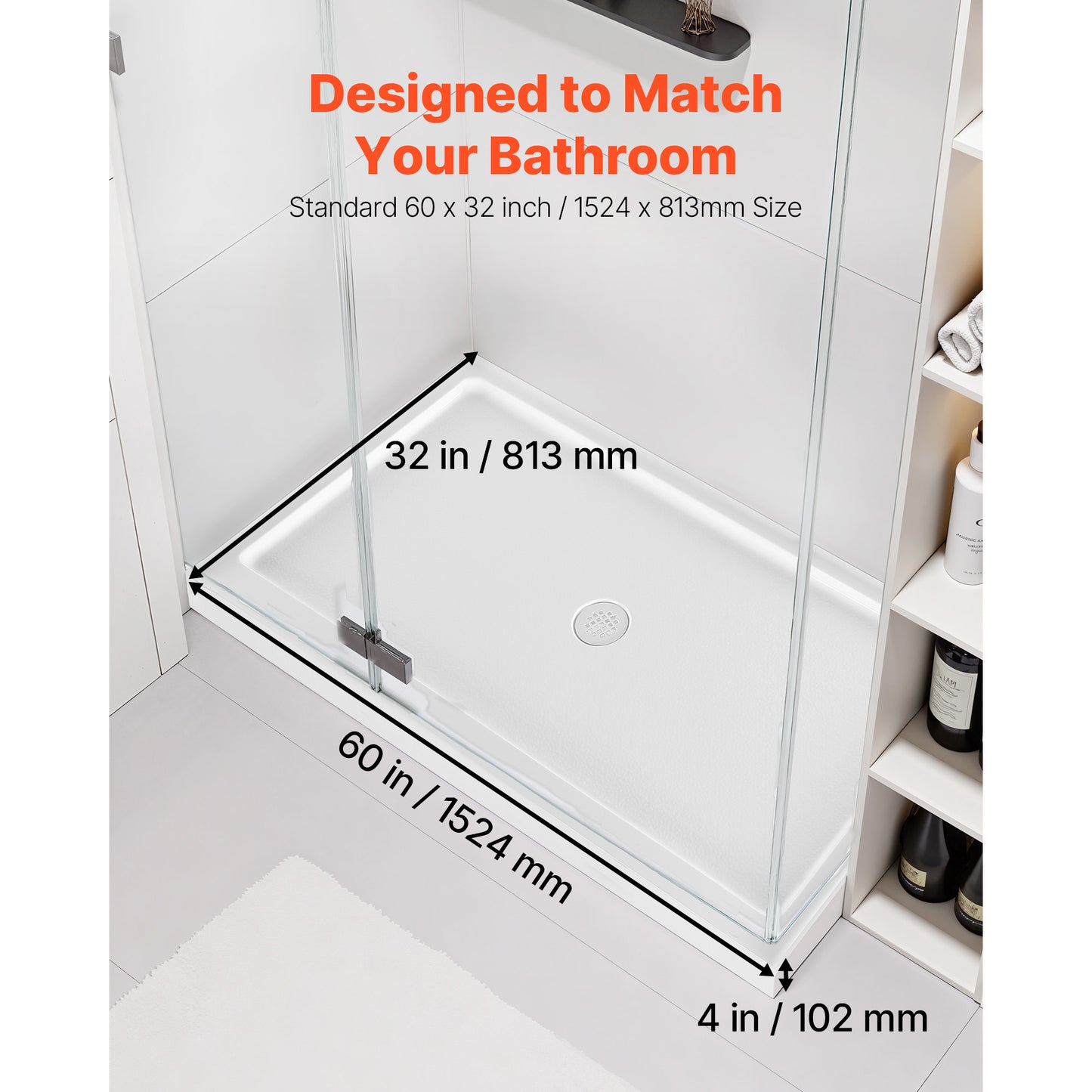 60 in. x 32 in. Single Threshold Shower Pan, Rectangle Acrylic Shower Base with Center Drain, Slip-Resistant White
