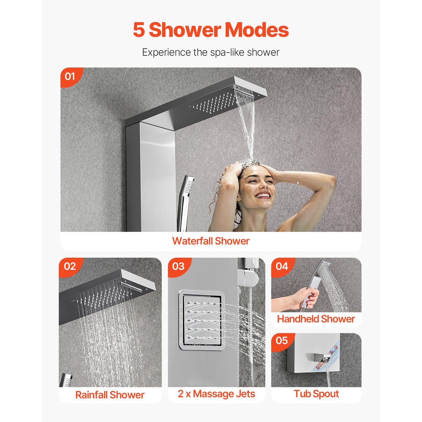 53 in. Shower Panel Tower System, 5-Function Rainfall Waterfall Column with 2 Body Jets, Handheld, Tub Spout