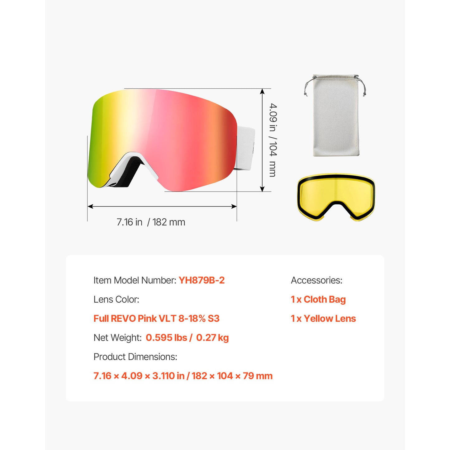 Magnet Ski Goggles, Cylindrical Lens with Pink Revo, OTG Anti-Fog Snow Goggles, Quick Swap Magnetic Lens